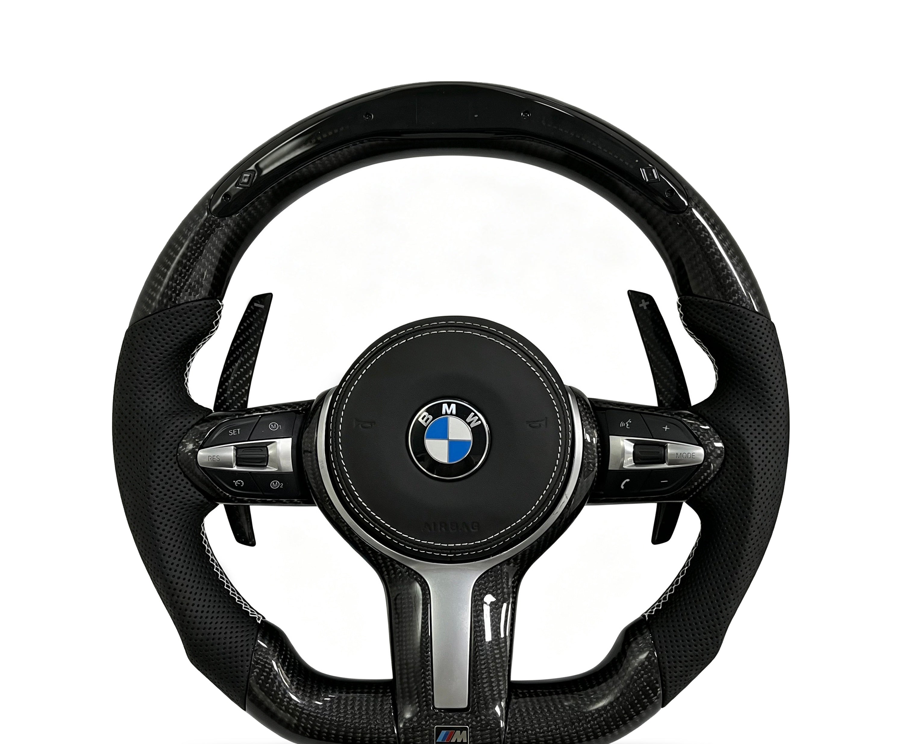 BMW Carbon Fibre & Perforated Leather Steering Wheel (Design 10) on a clean white background
