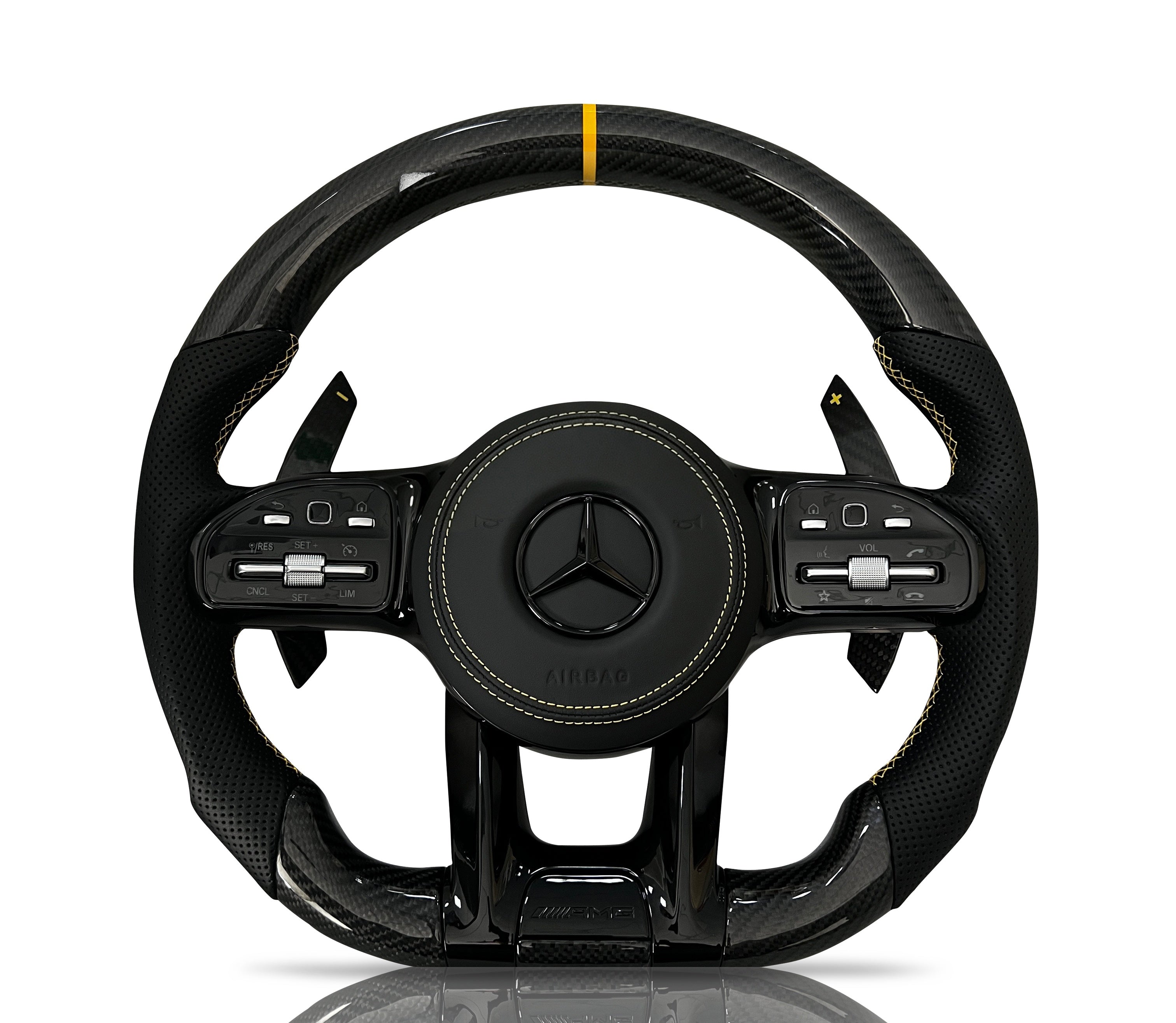 Mercedes-Benz Carbon Fibre & Perforated Leather Steering Wheel (Design 11) on a clean white background