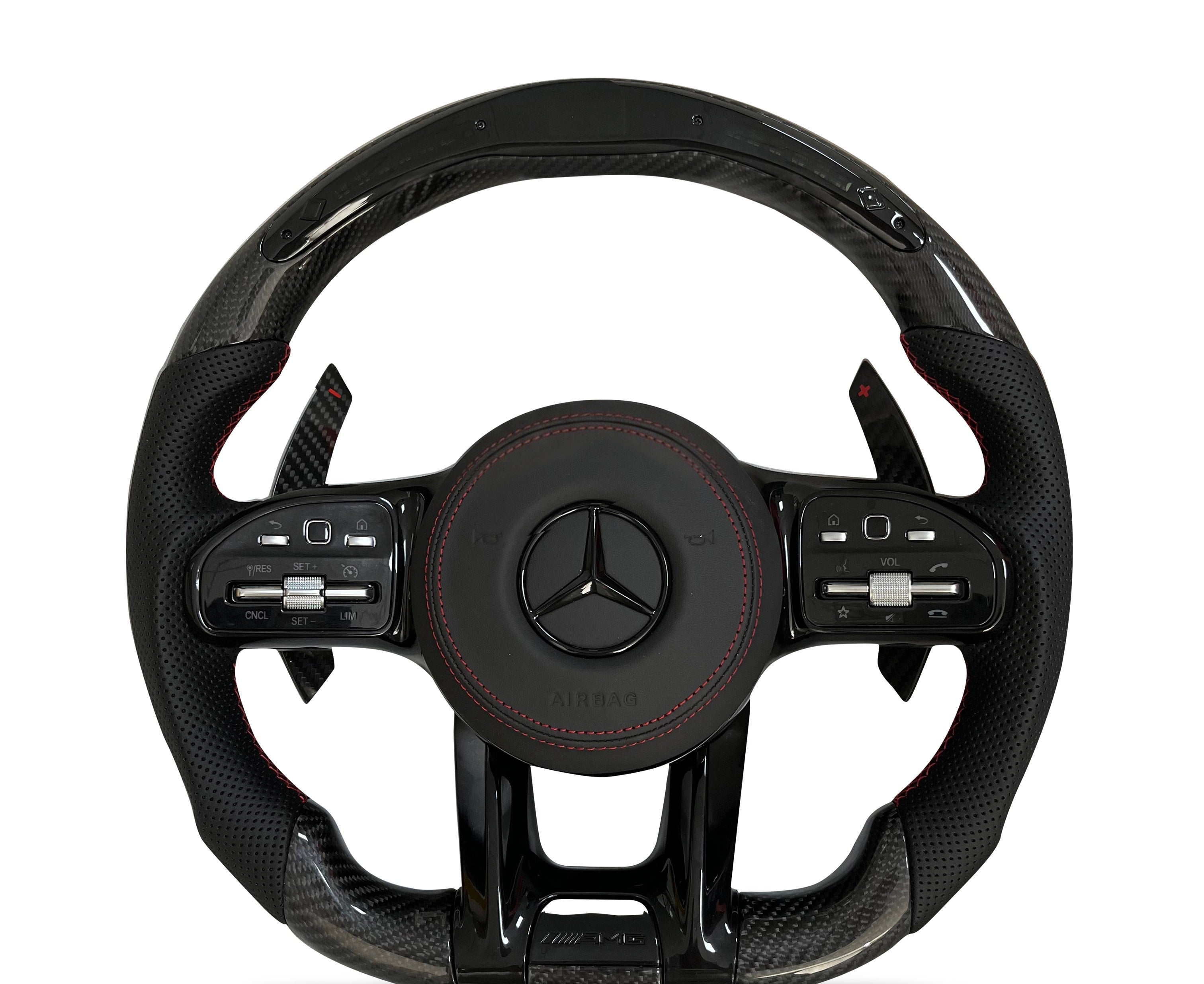 Mercedes-Benz Carbon Fibre & Perforated Leather Steering Wheel (Design 51) on a clean white background