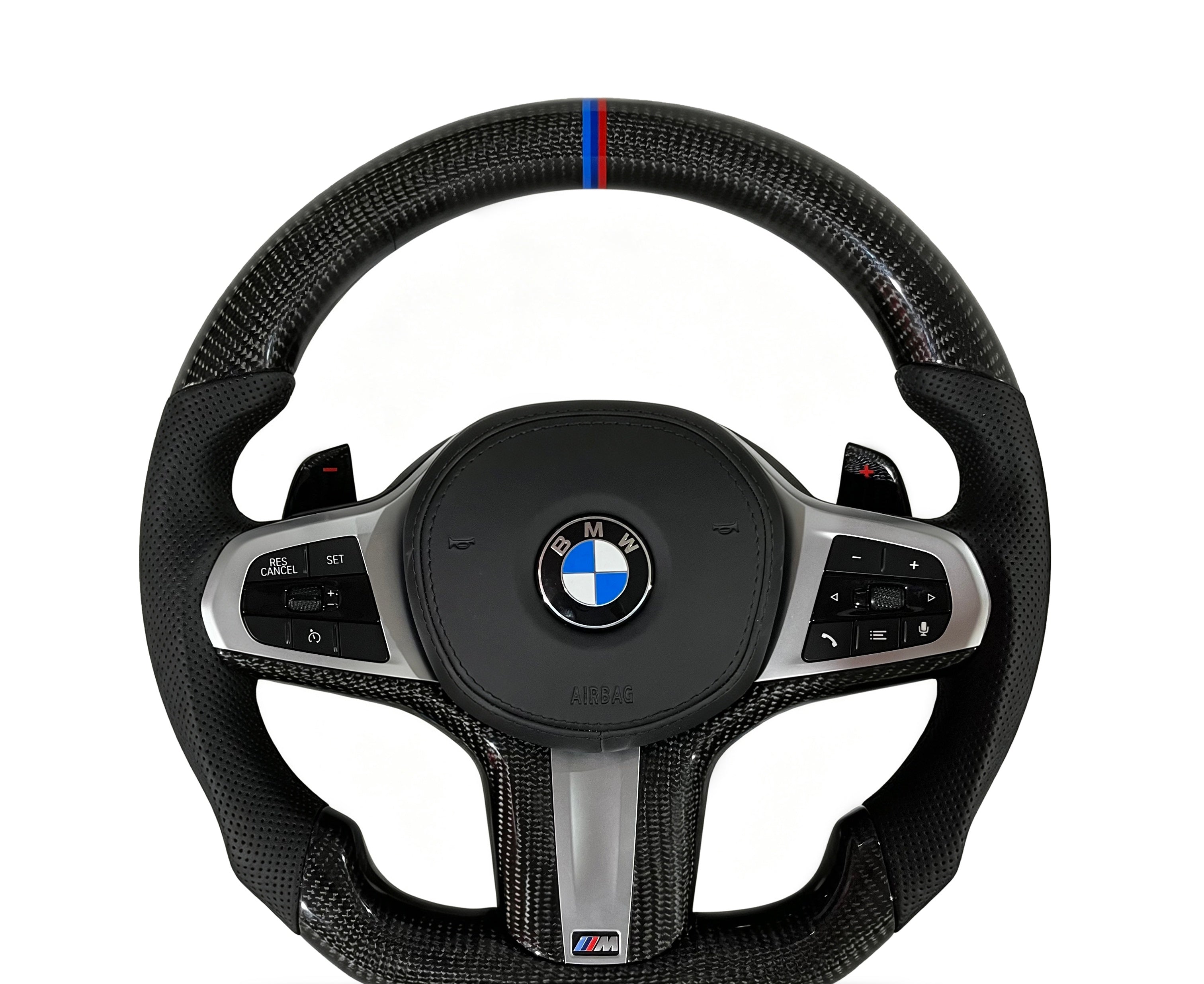 BMW Carbon Fibre & Perforated Leather Steering Wheel (Design 1) on a clean white background