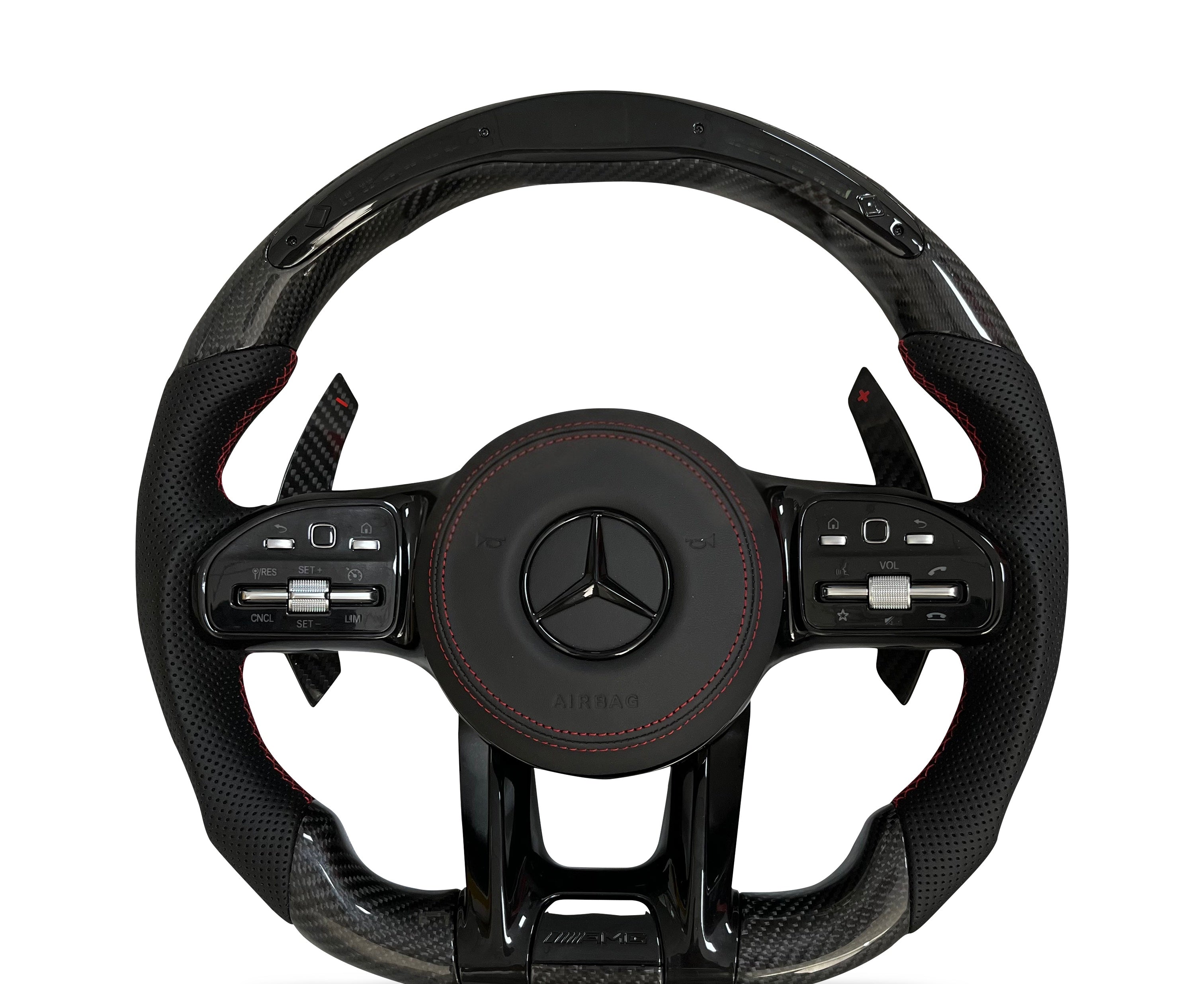 Mercedes-Benz Carbon Fibre & Perforated Leather Steering Wheel (Design 06) on a clean white background