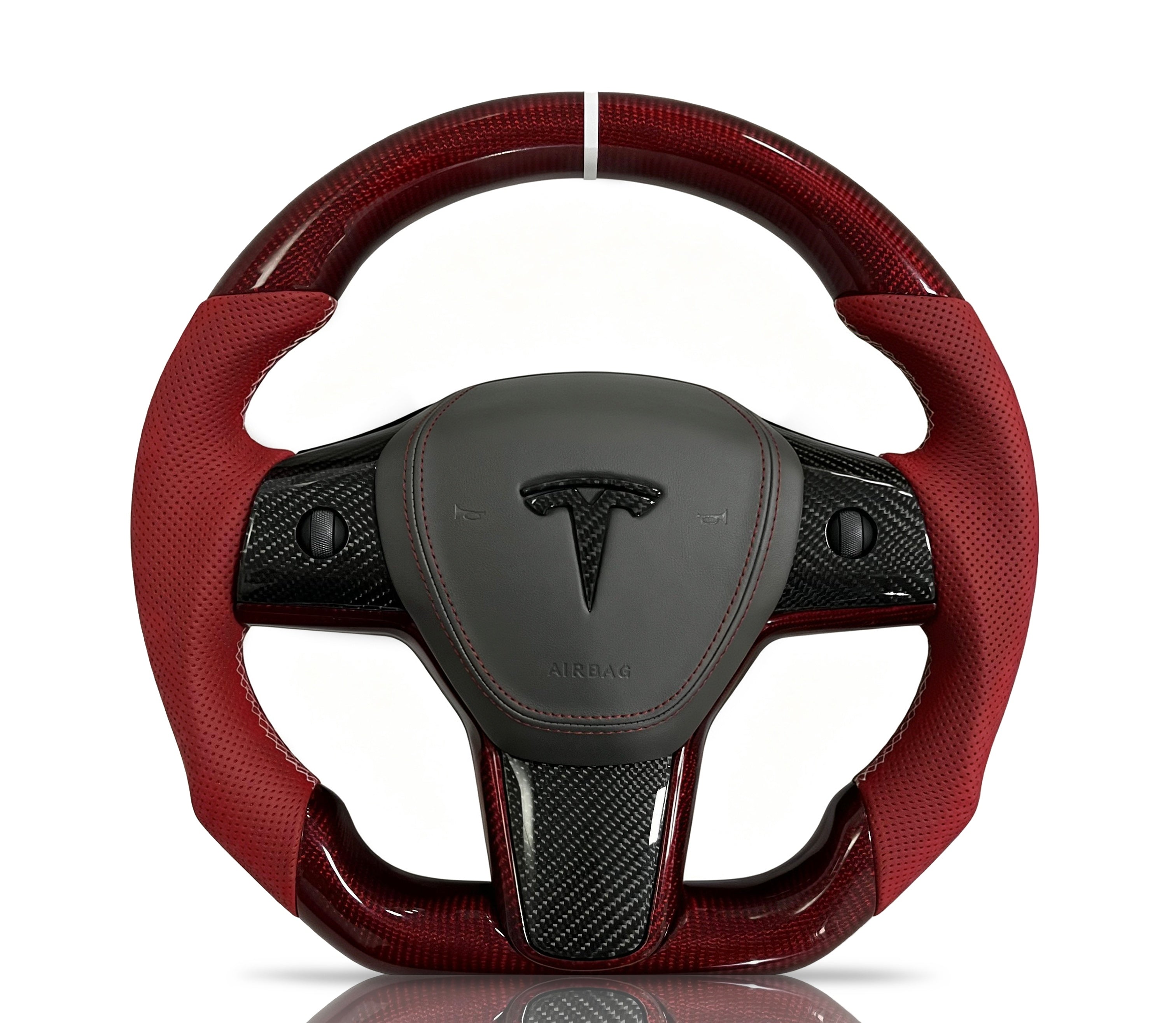 Tesla Carbon Fibre & Perforated Leather Steering Wheel (Design 01) on a clean white background