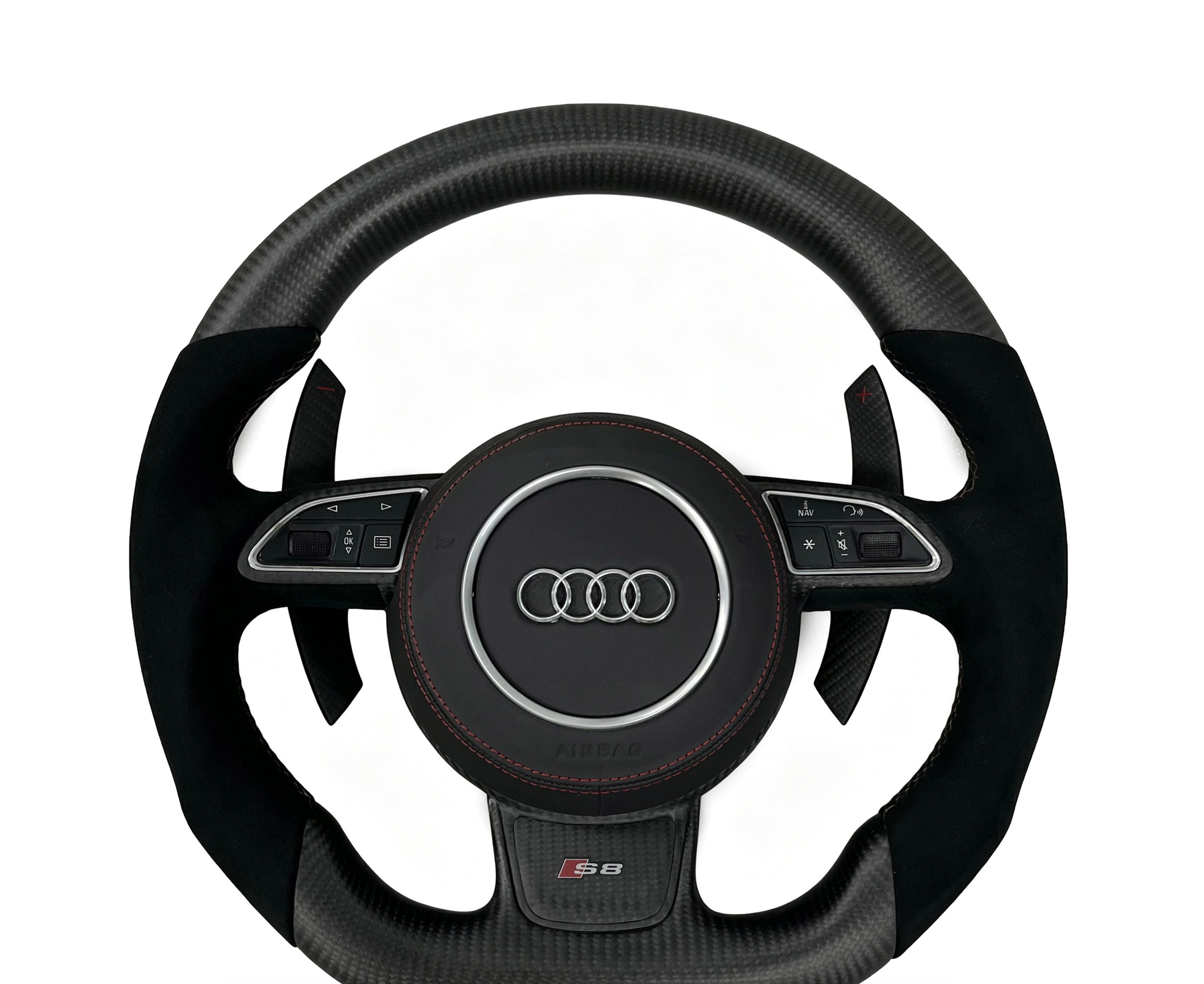 Audi Matte Carbon Fibre & Alcantara Steering Wheel (Design 02) on a clean white background