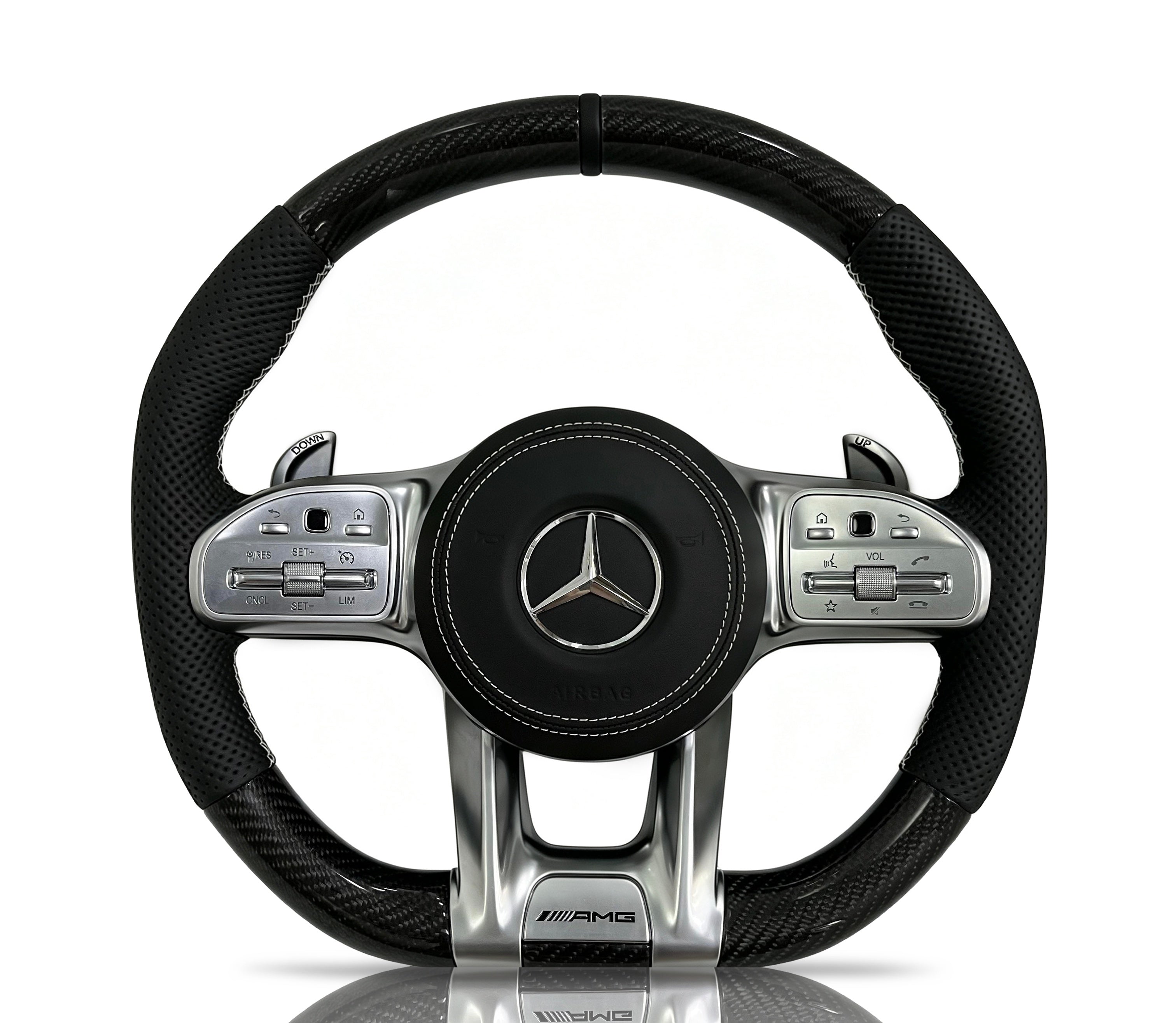 Mercedes-Benz Carbon Fibre & Perforated Leather Steering Wheel (Design 22) on a clean white background