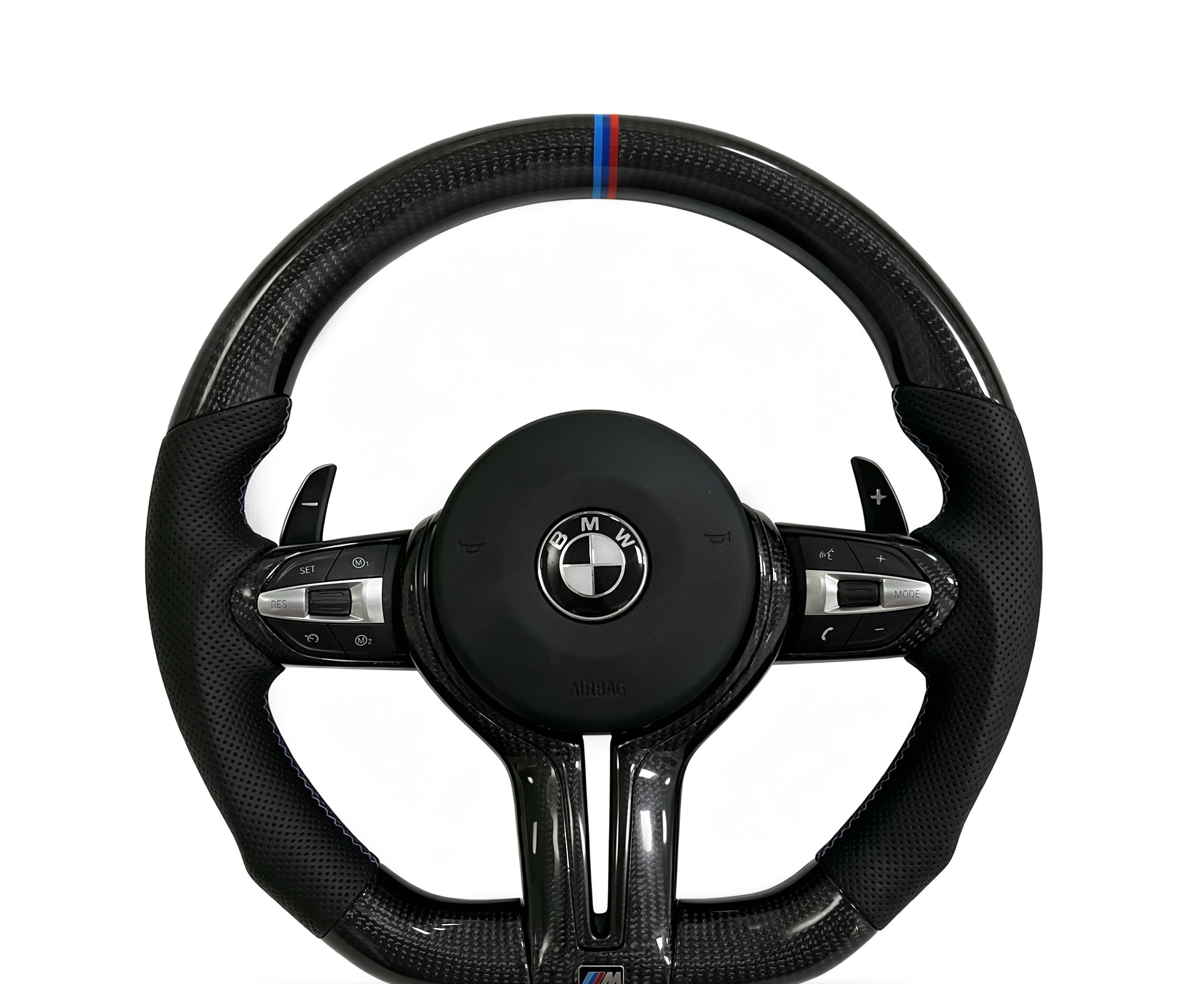 BMW Carbon Fibre & Perforated Leather Steering Wheel (Design 22) on a clean white background