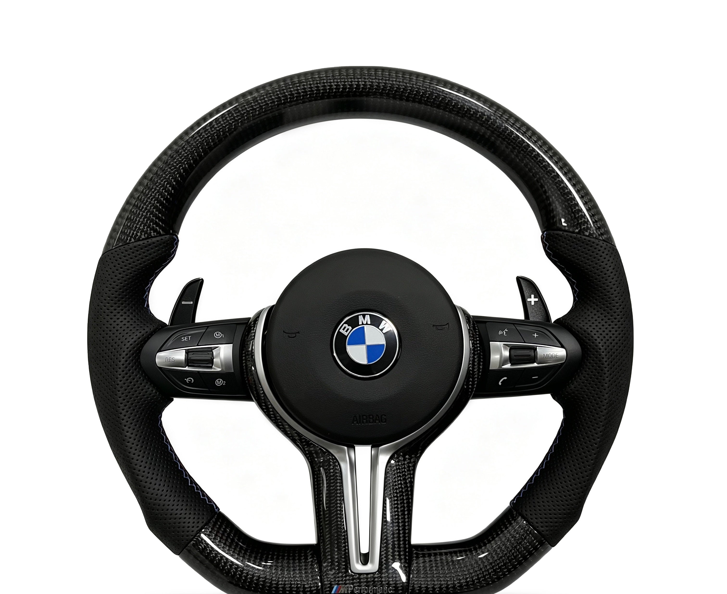 BMW Carbon Fibre & Perforated Leather Steering Wheel (Design 26) on a clean white background