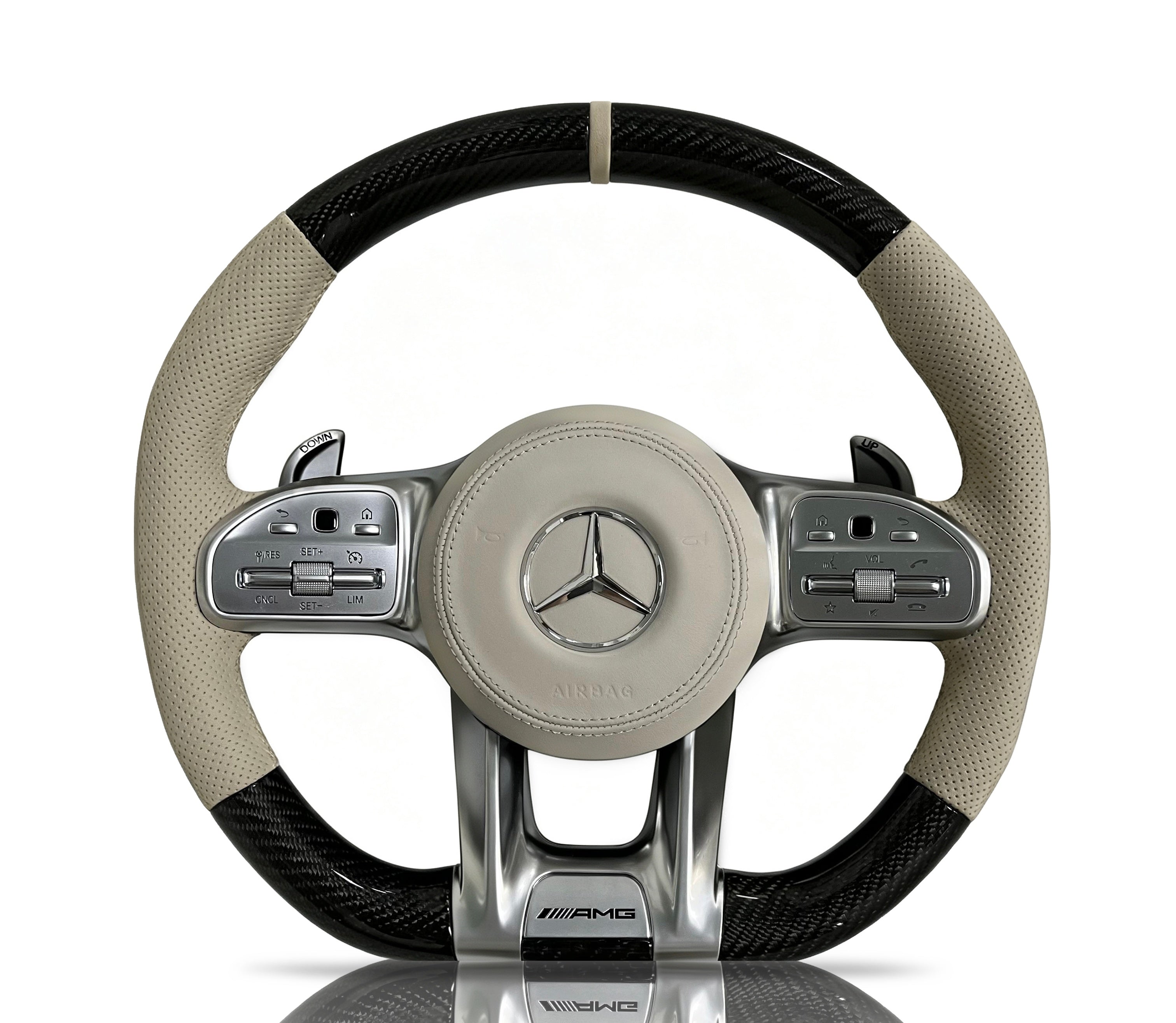 Mercedes-Benz Carbon Fibre & Perforated Leather Steering Wheel (Design 26) on a clean white background