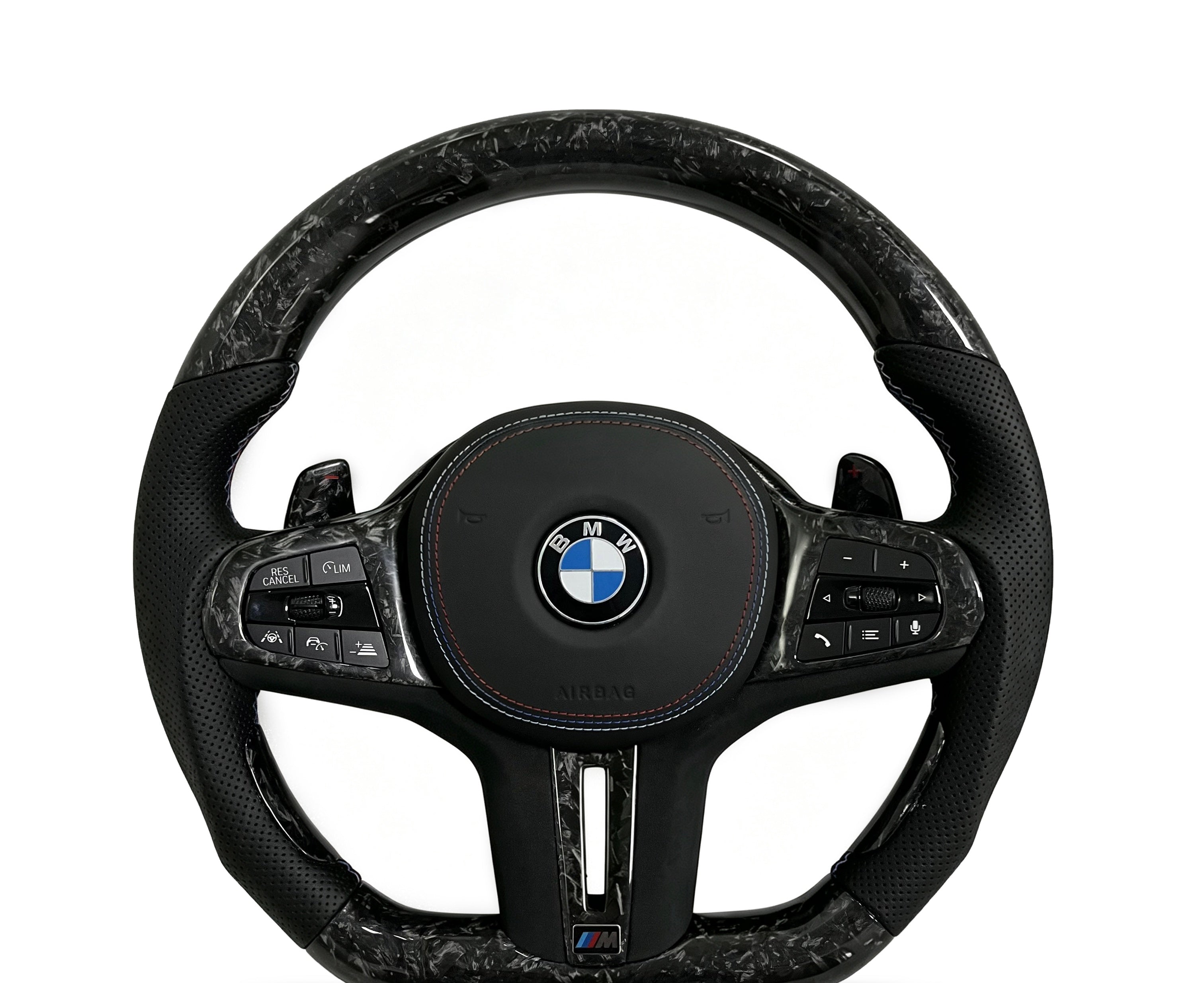 BMW Forged Carbon Fibre & Perforated Leather Steering Wheel (Design 27) on a clean white background