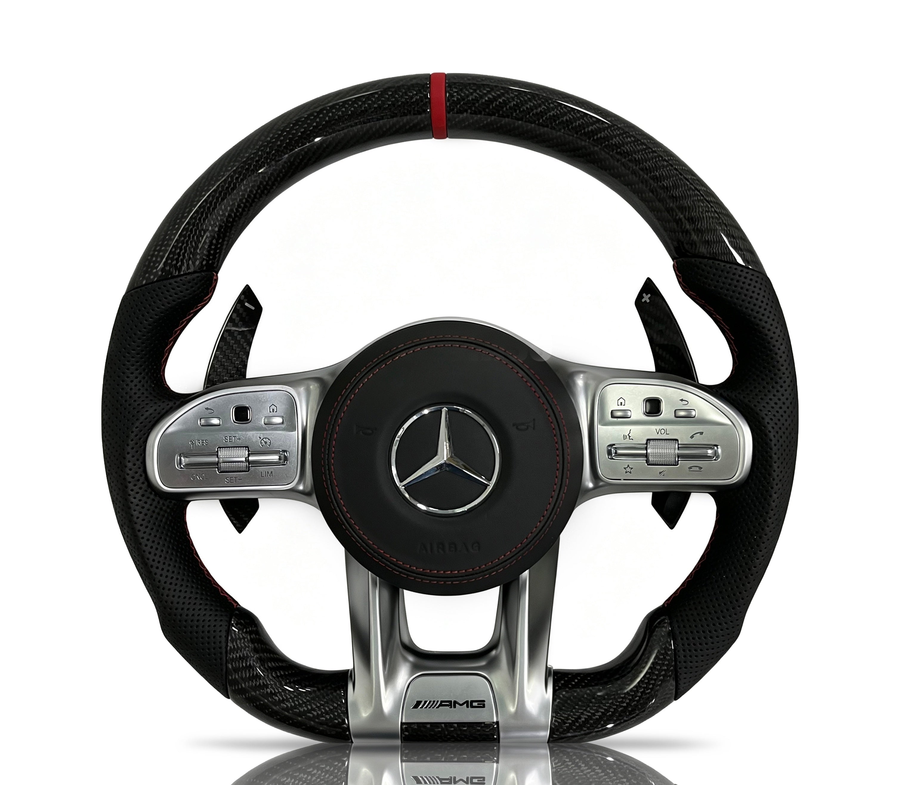 Mercedes-Benz Carbon Fibre & Perforated Leather Steering Wheel (Design 30) II on a clean white background