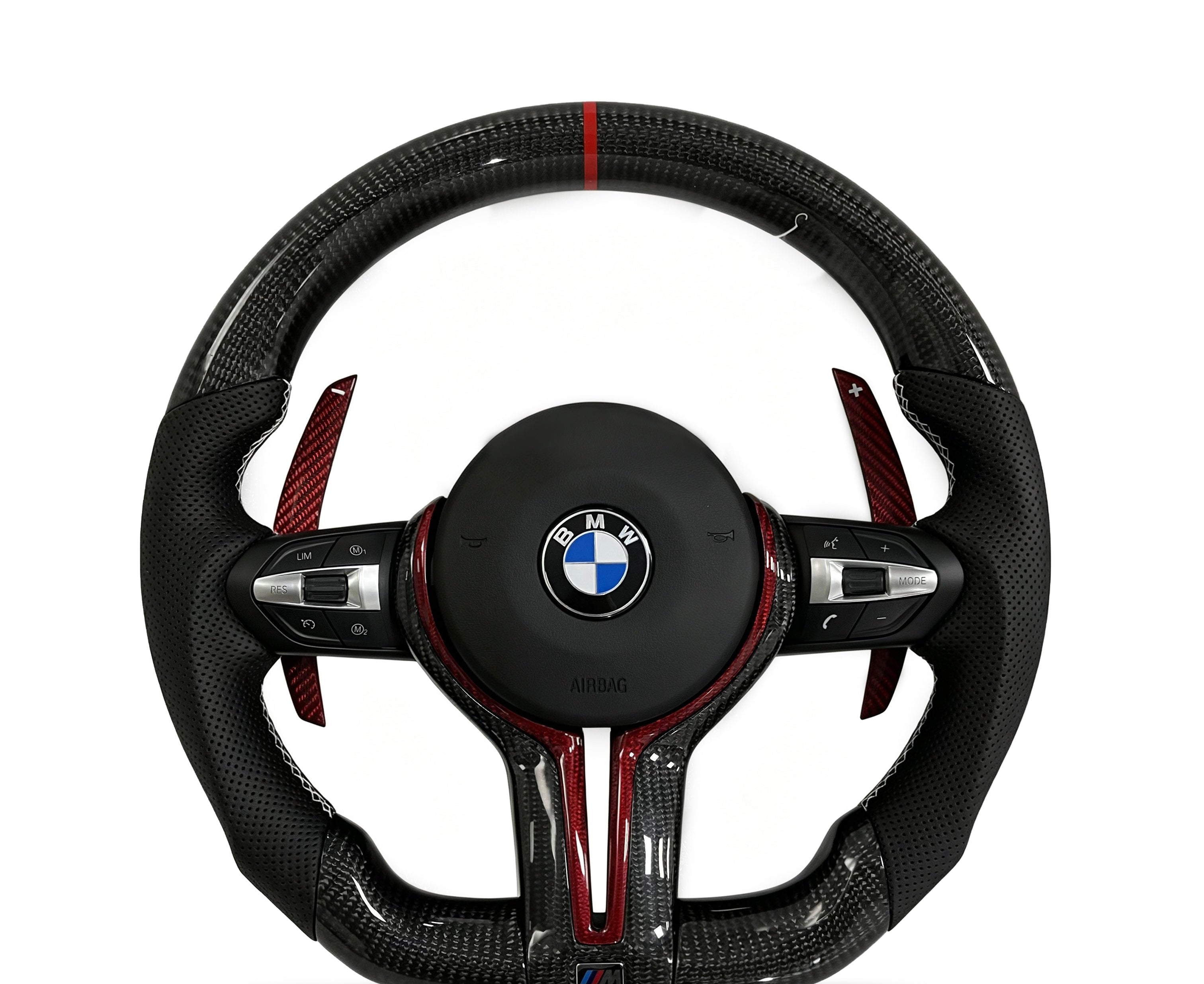 BMW Carbon Fibre & Perforated Leather Steering Wheel (Design 34) on a clean white background