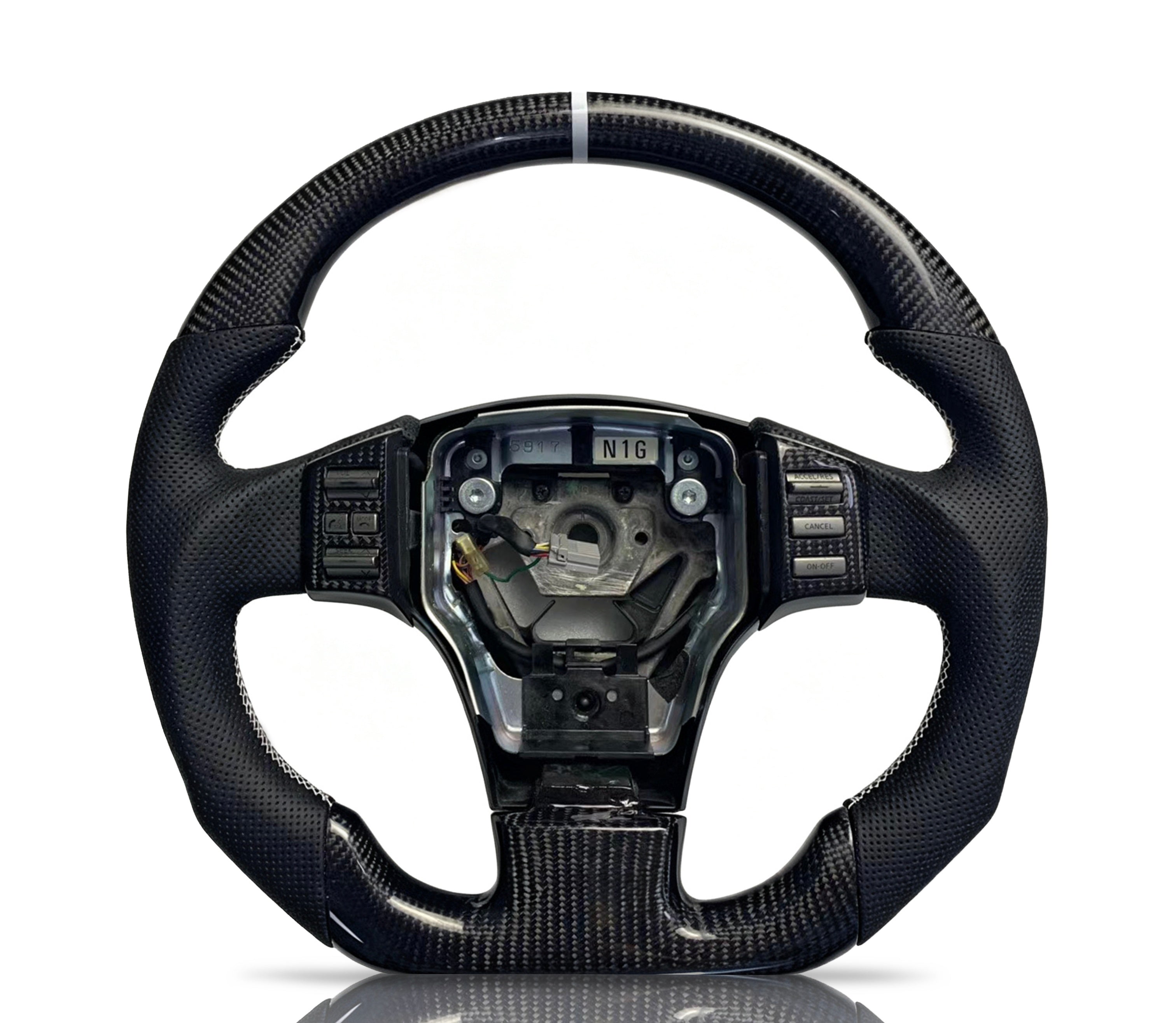 Nissan Carbon Fibre & Perforated Leather Steering Wheel on a clean white background