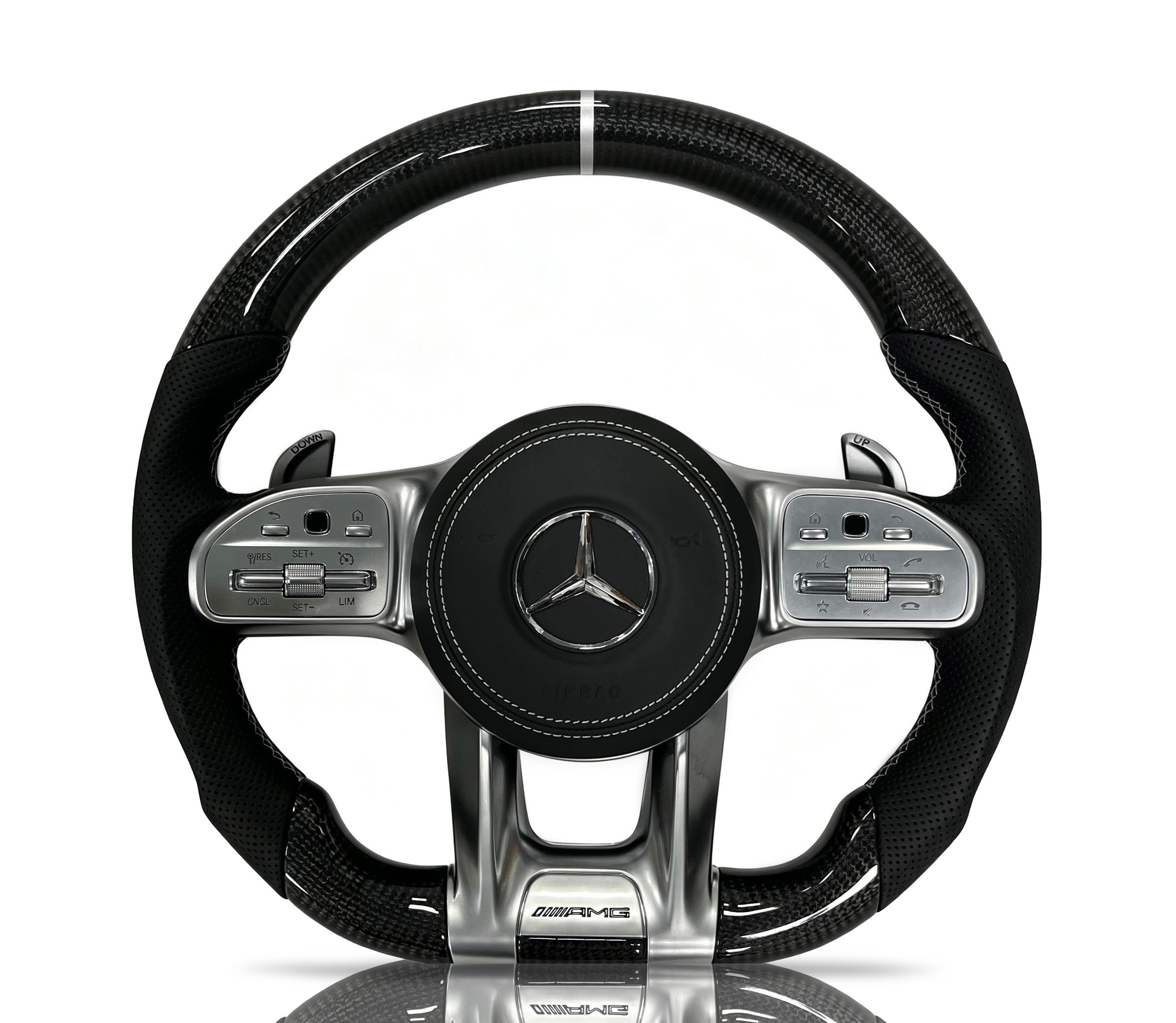 Mercedes-Benz Carbon Fibre & Perforated Leather Steering Wheel (Design 36) II on a clean white background
