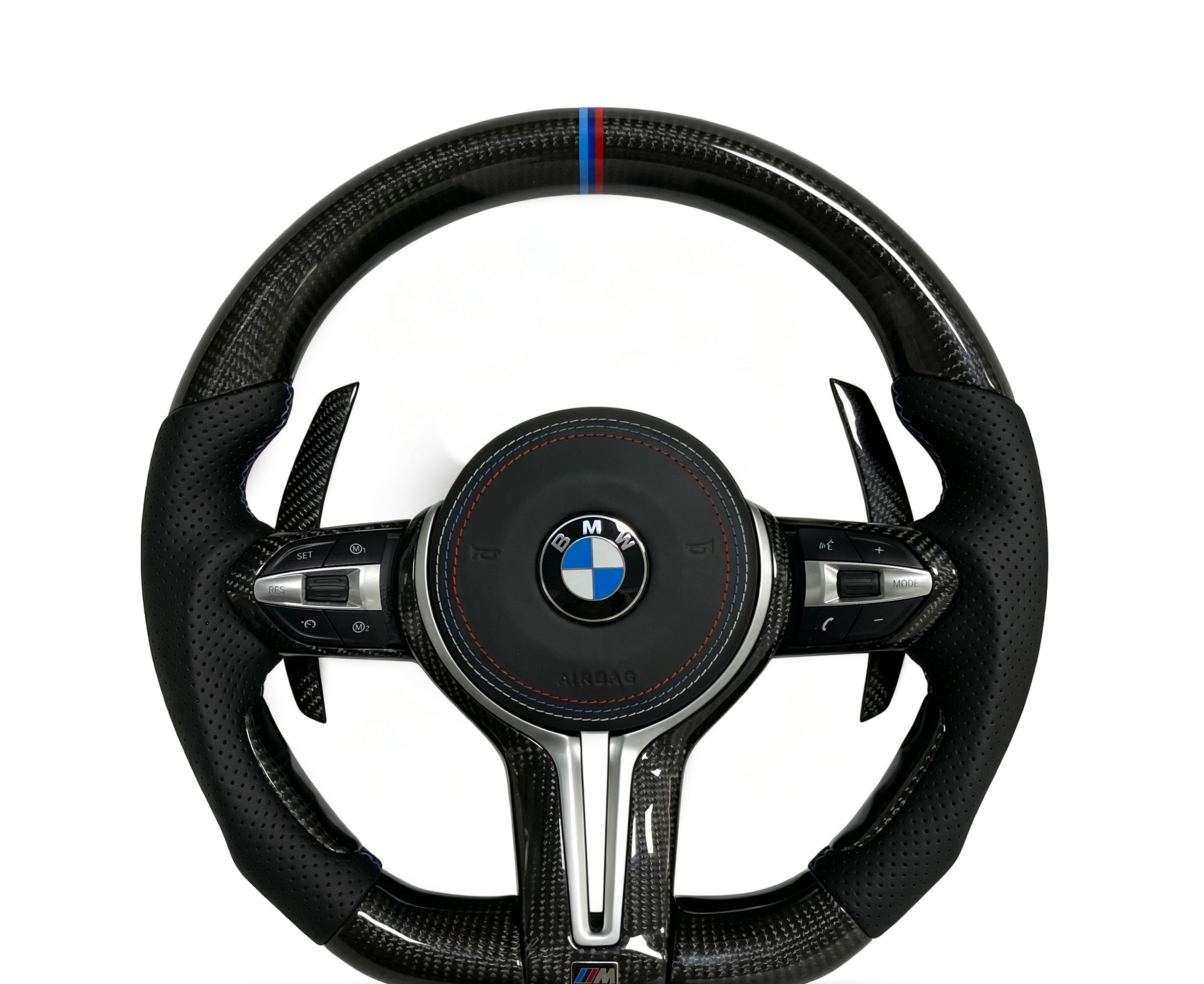 BMW Carbon Fibre & Perforated Leather Steering Wheel (Design 37) on a clean white background