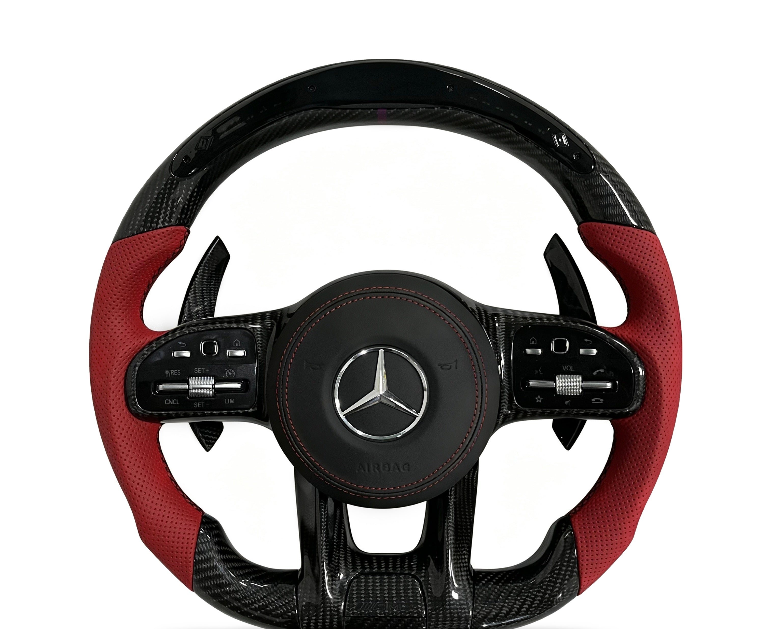 Mercedes-Benz Carbon Fibre & Perforated Leather Steering Wheel (Design 37) on a clean white background