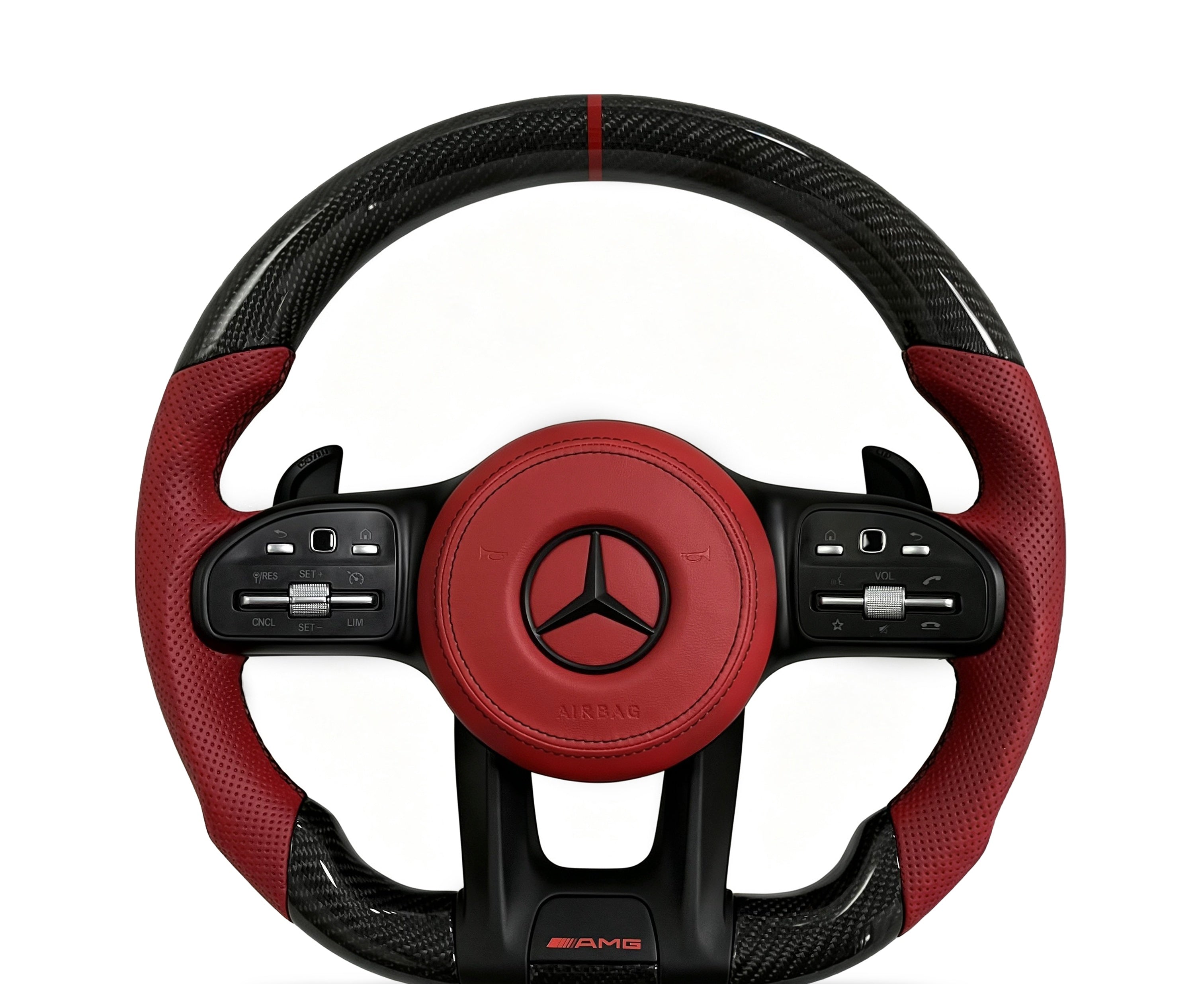 Mercedes-Benz Carbon Fibre & Perforated Leather Steering Wheel (Design 43) on a clean white background