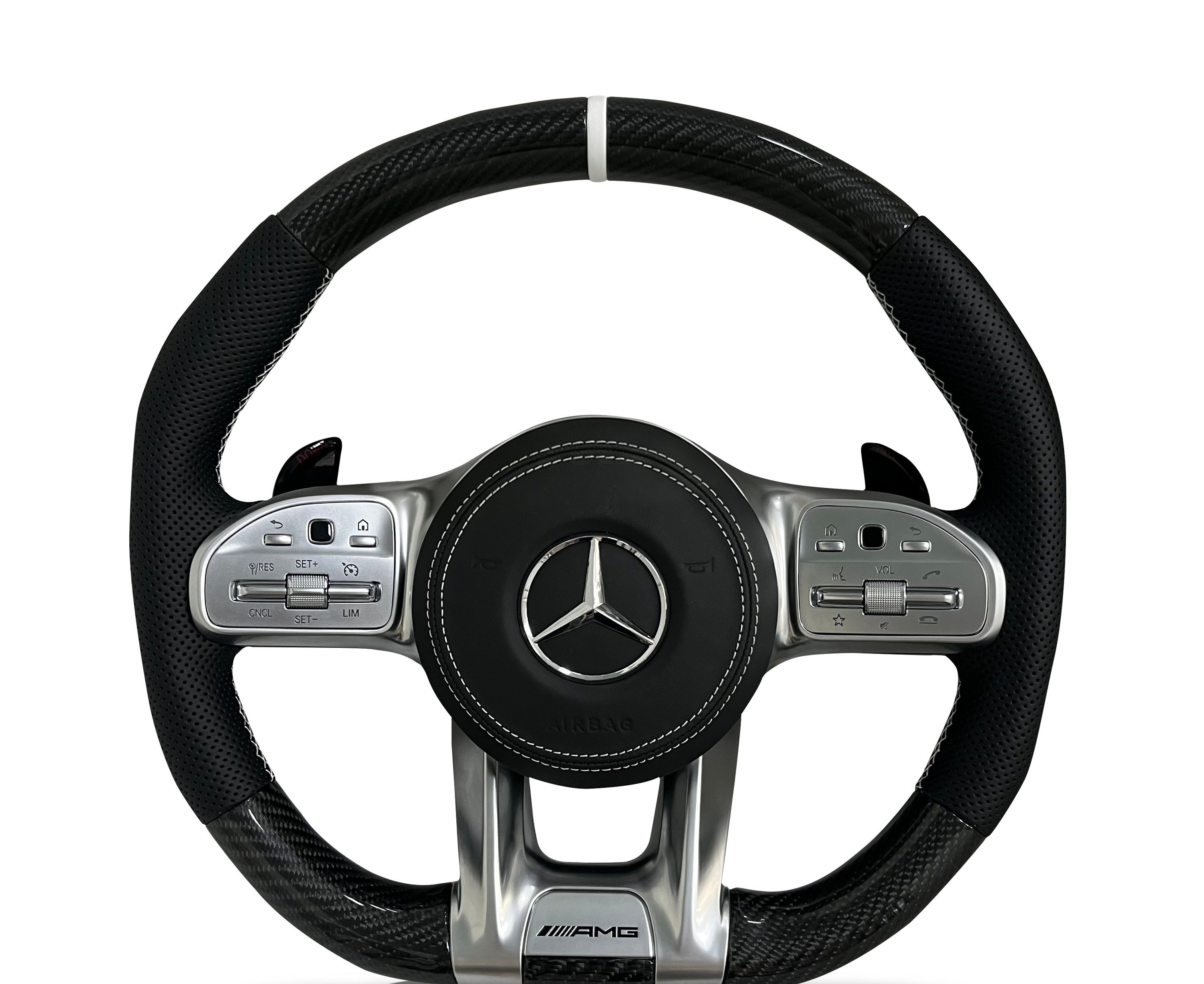 Mercedes-Benz Carbon Fibre & Perforated Leather Steering Wheel (Design 09) on a clean white background