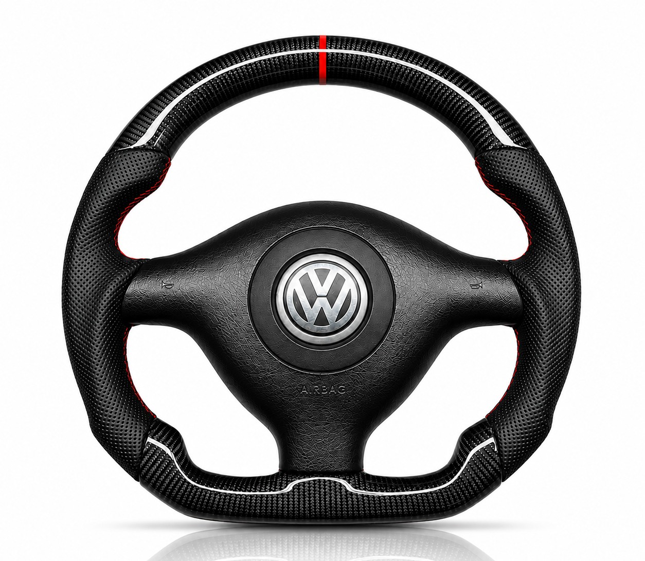 Golf Golf MK4 Carbon Fibre & Perforated Leather Steering Wheel on a clean white background