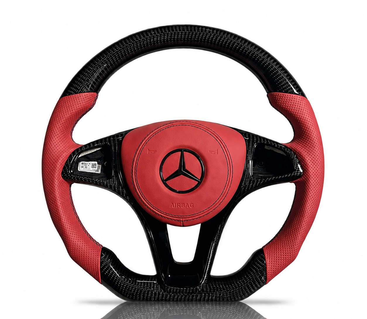 Mercedes-Benz Carbon Fibre & Perforated Leather Steering Wheel (Design 7) on a clean white background