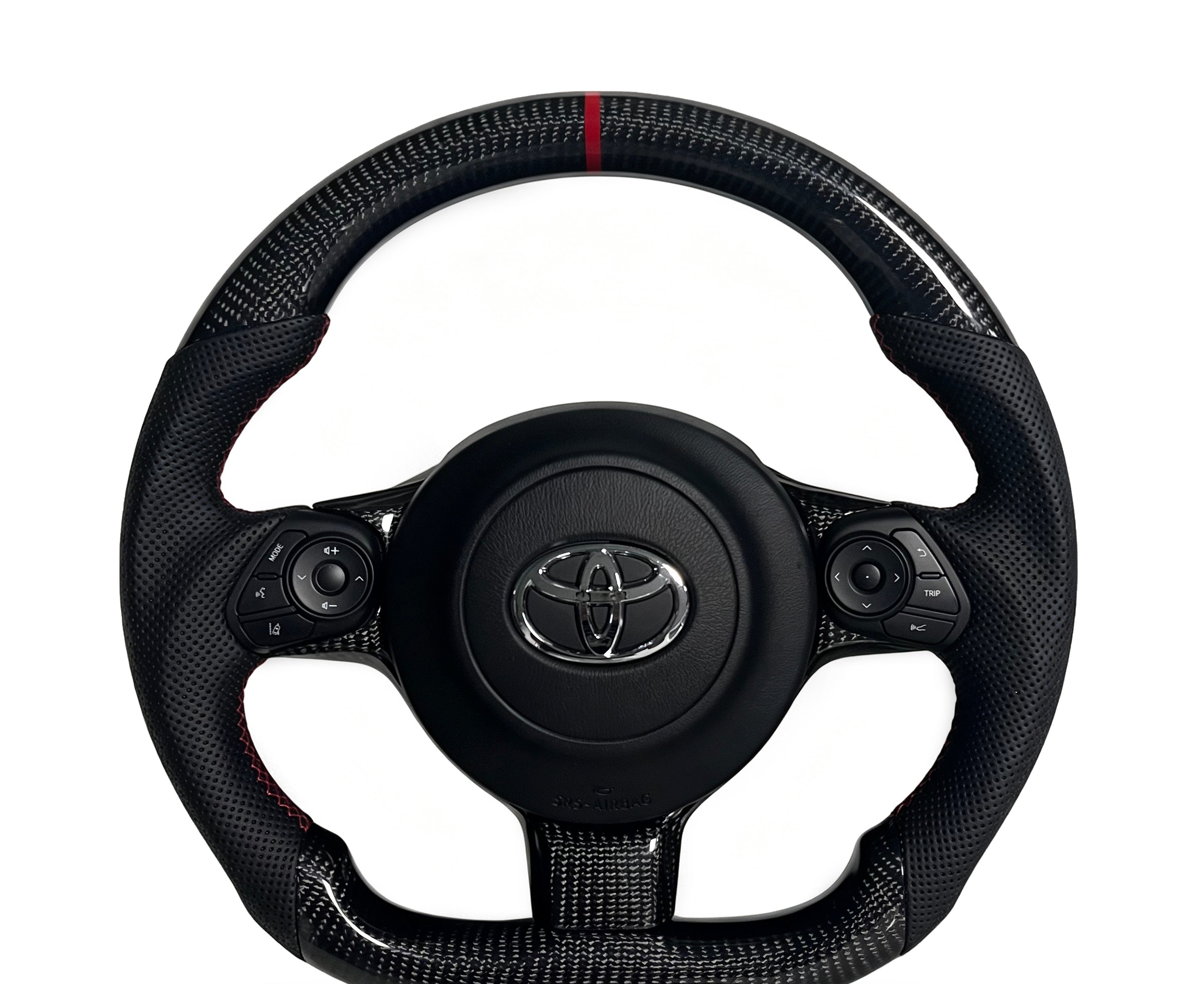 Toyota GR86 Carbon Fibre & Perforated Leather Steering Wheel (Design 03) on a clean white background