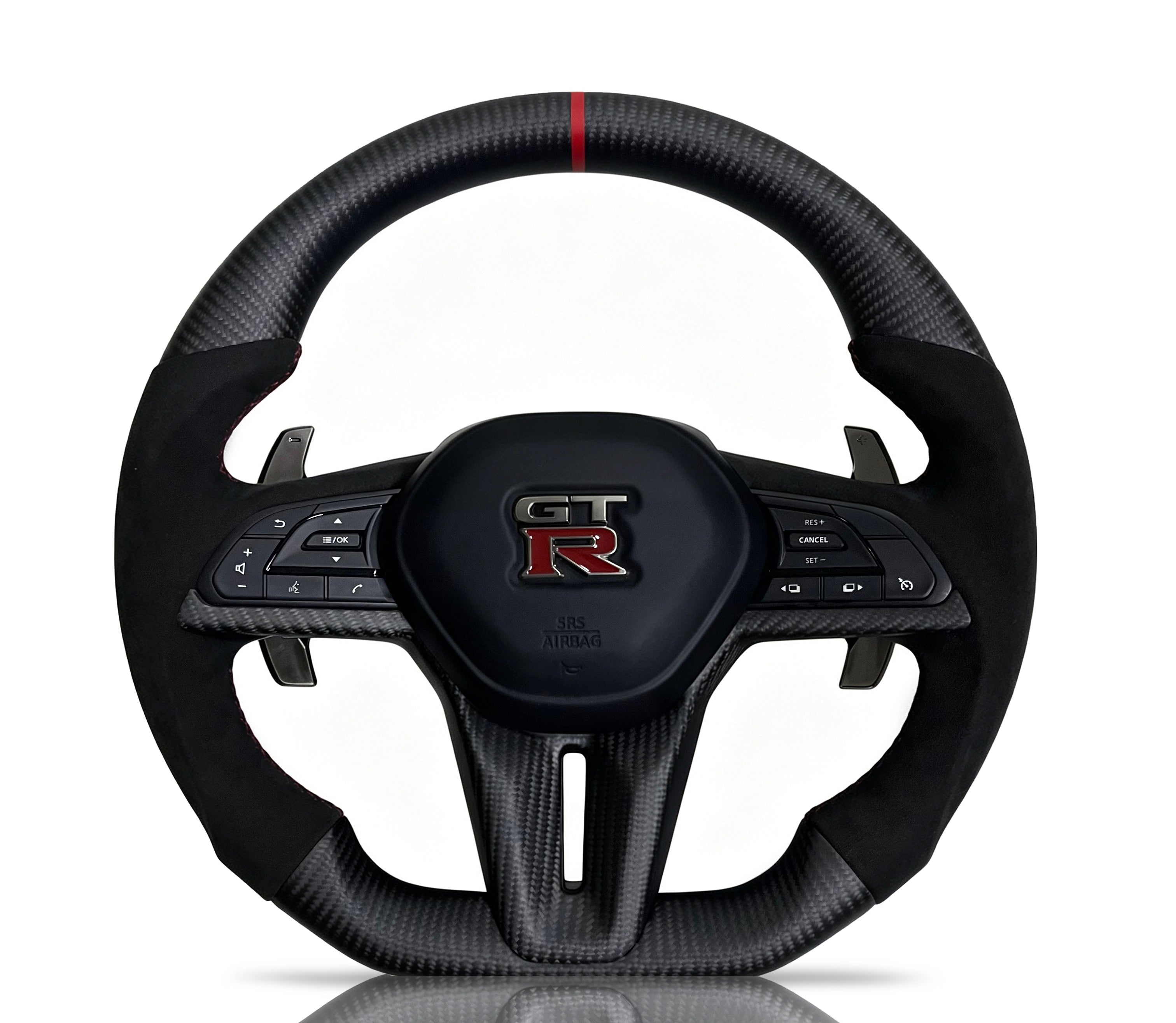 Nissan Matte Carbon Fibre & Perforated Leather Steering Wheel (Design 1) on a clean white background