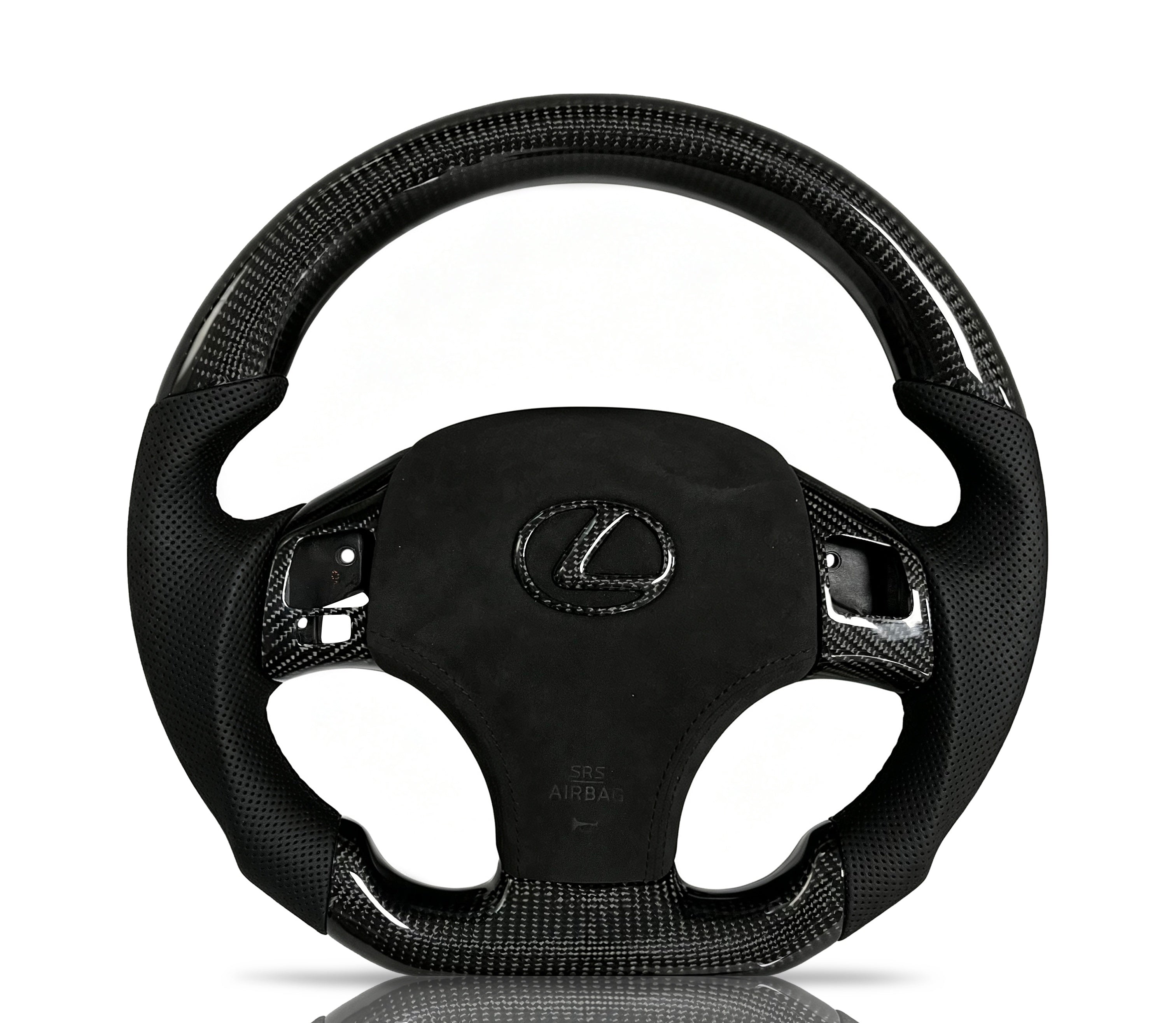 Lexus Carbon Fibre & Perforated Leather Steering Wheel on a clean white background
