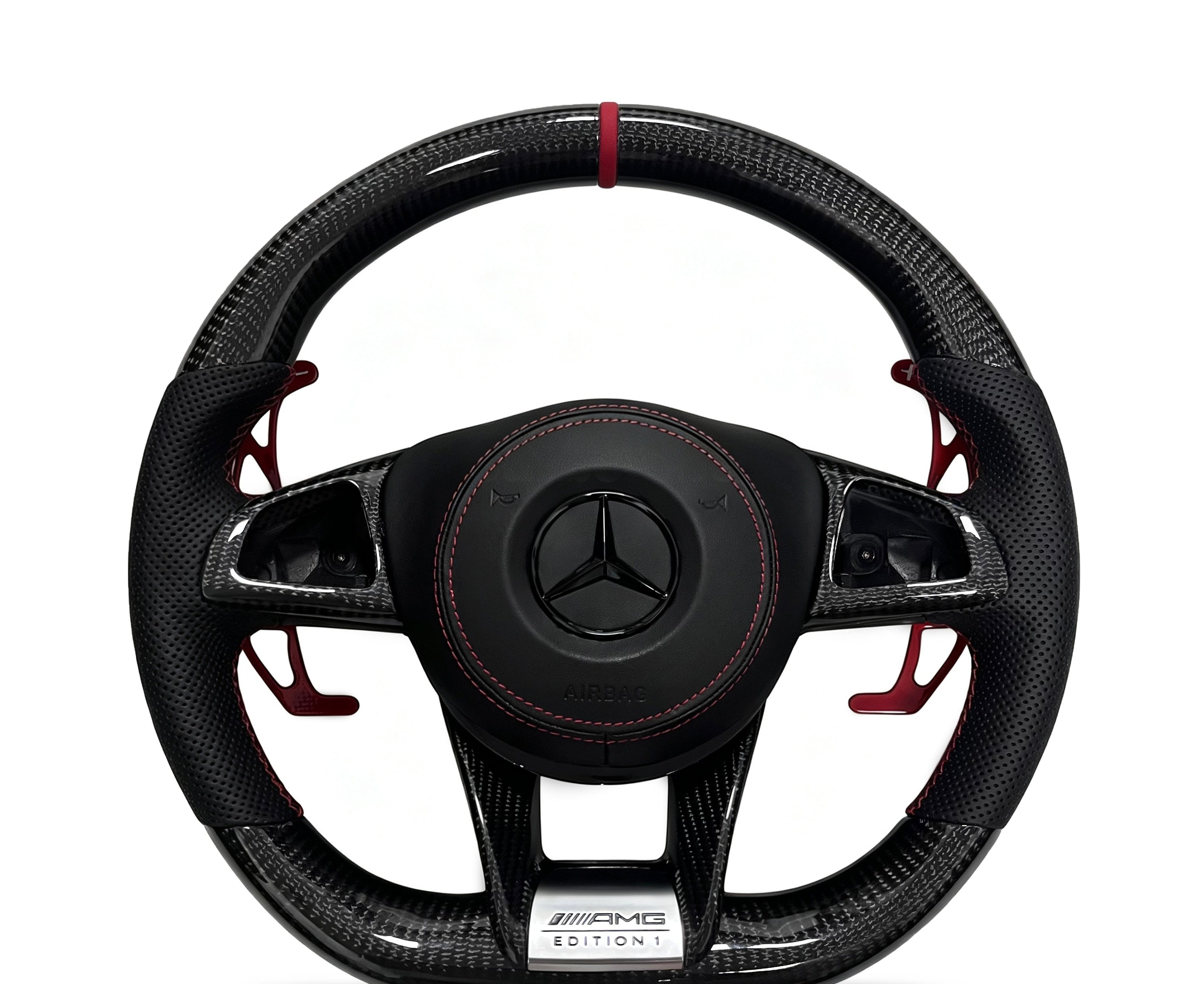 Mercedes-Benz Carbon Fibre & Perforated Leather Steering Wheel (Design 1) on a clean white background