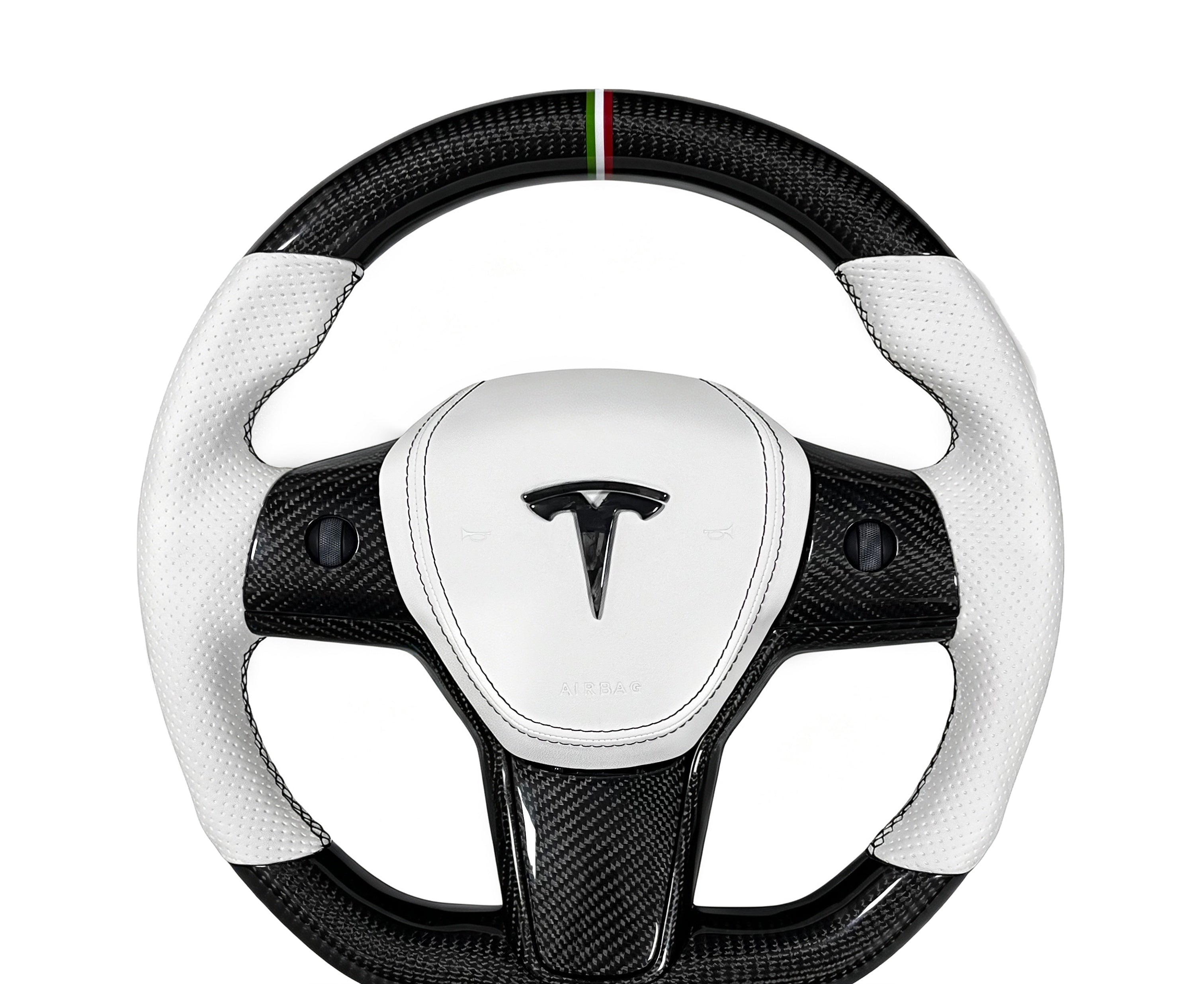 Tesla Carbon Fibre & Perforated Leather Steering Wheel (Design 07) on a clean white background