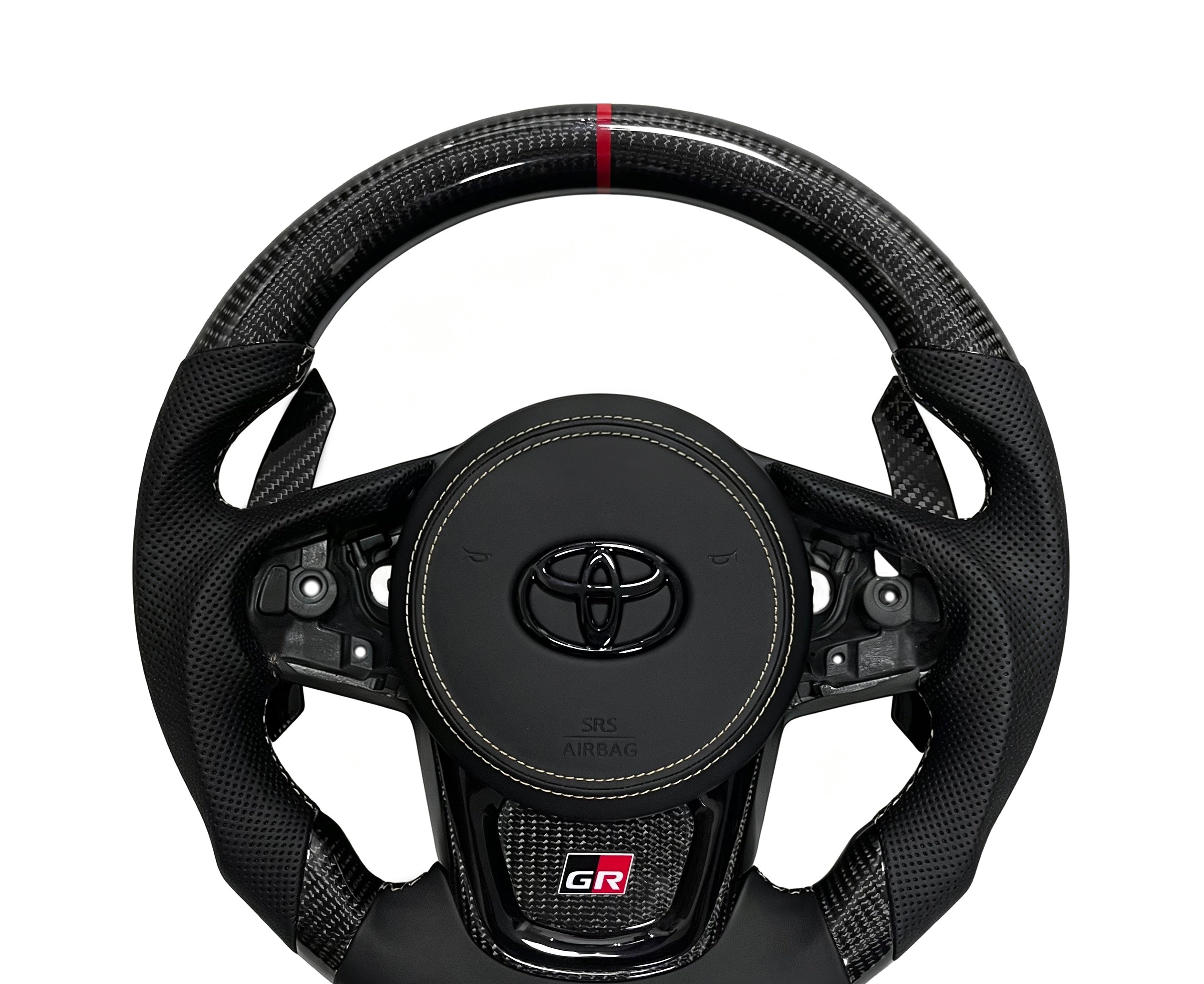Toyota GR Supra Carbon Fibre & Perforated Leather Steering Wheel (Design 13) on a clean white background
