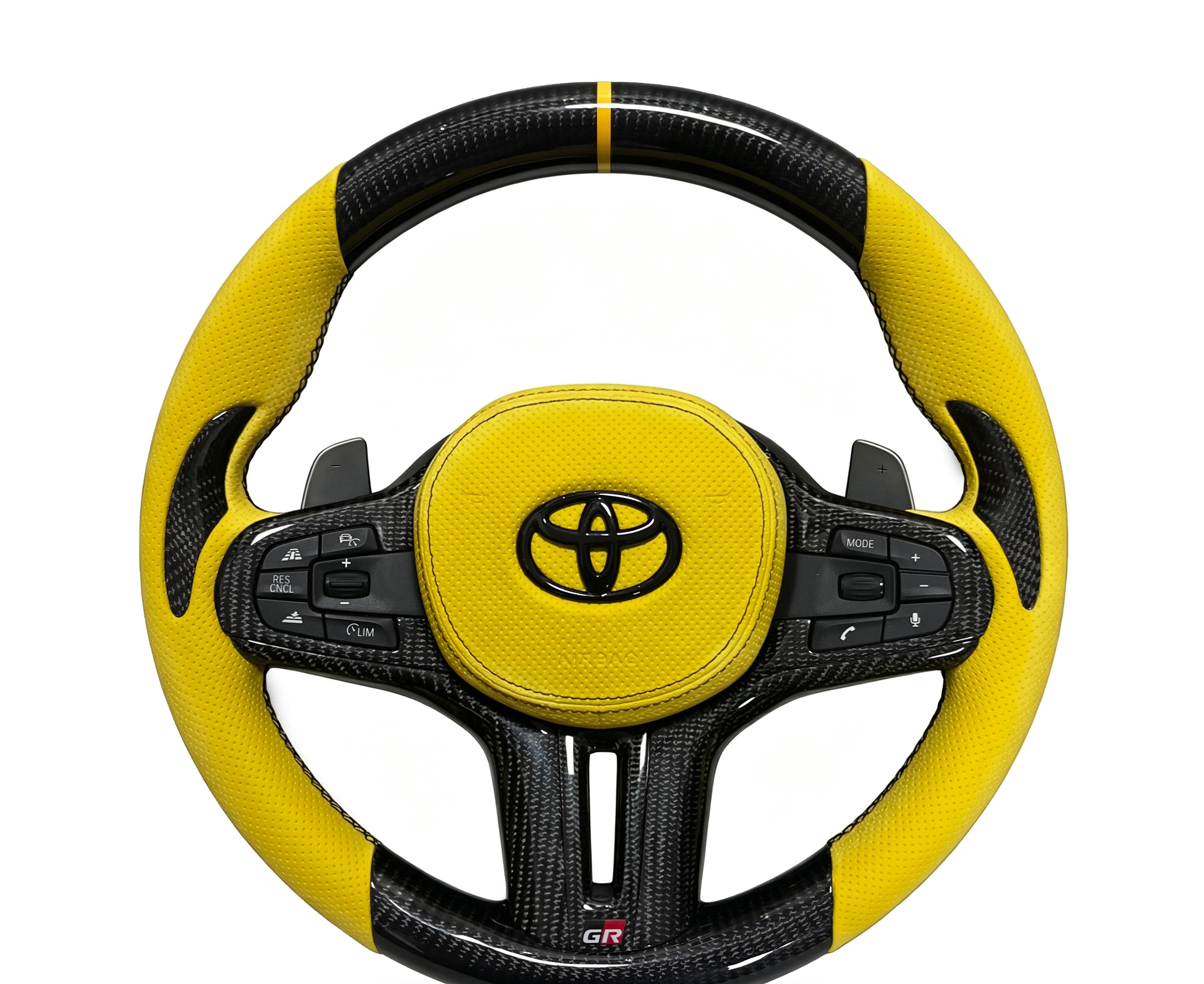 Toyota GR Supra Carbon Fibre & Perforated Leather Steering Wheel (Design 11) on a clean white background