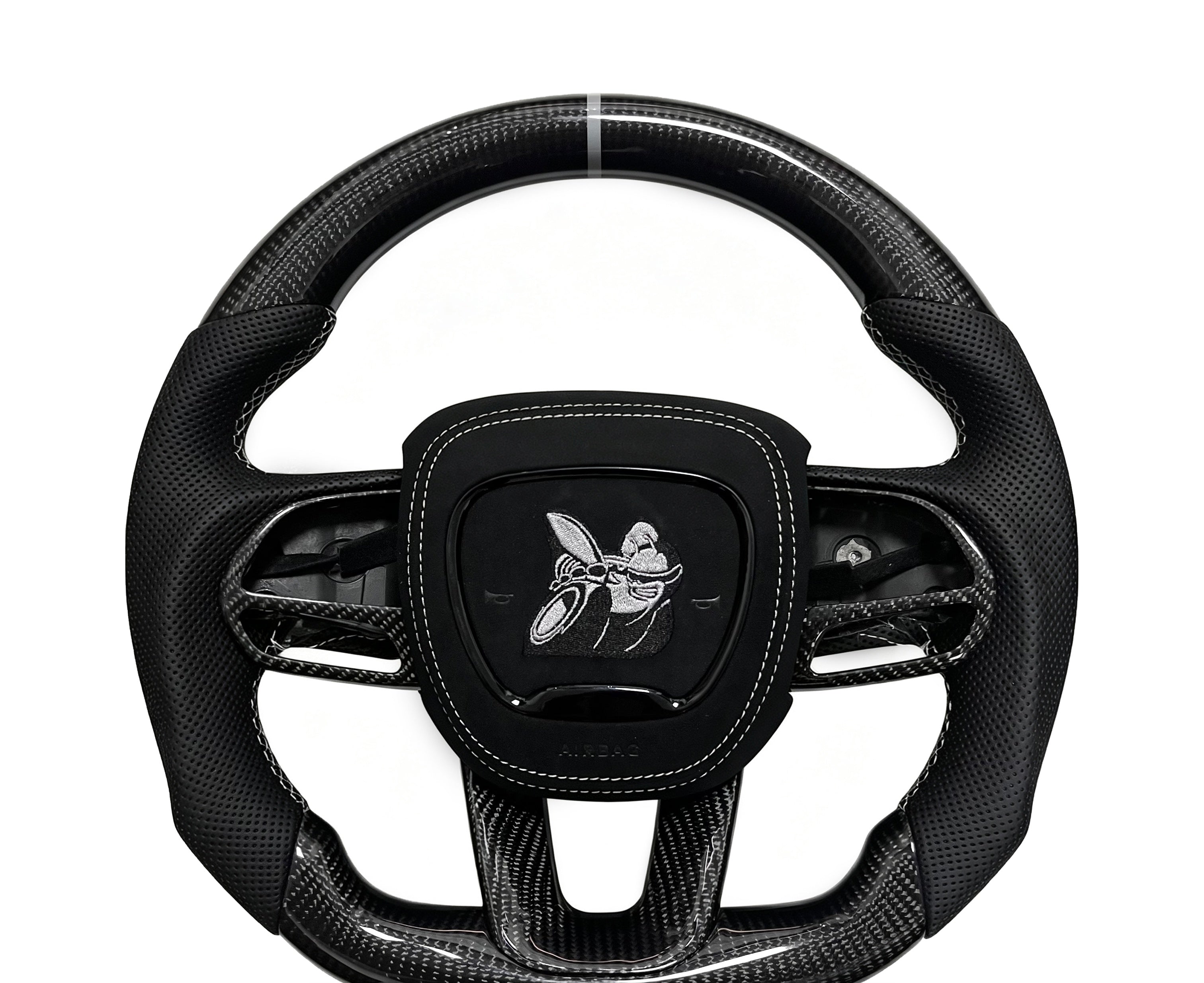 Dodge Carbon Fibre & Perforated Leather Steering Wheel (Design 01) on a clean white background