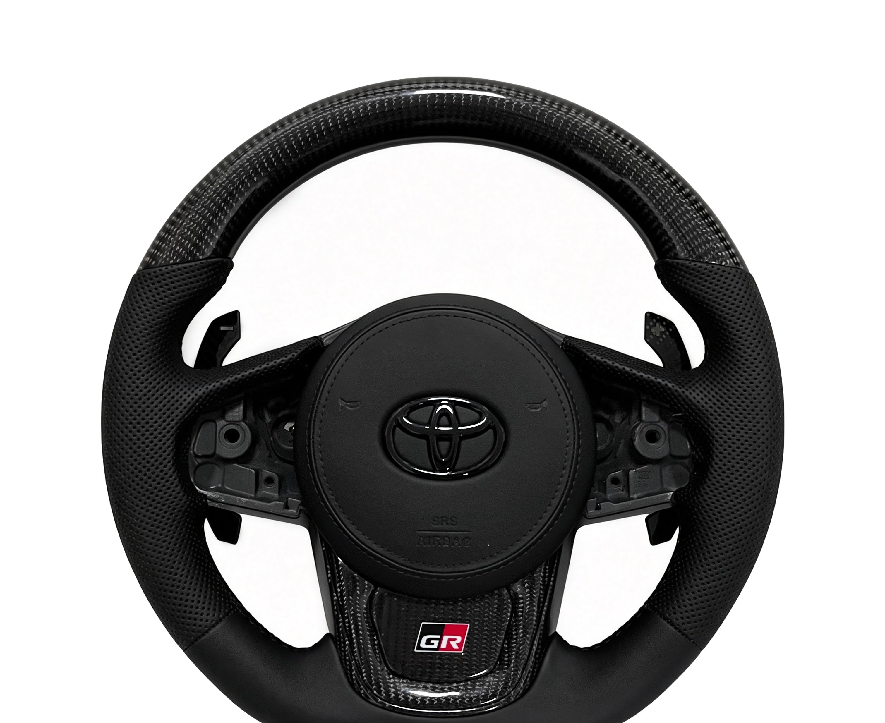 Toyota GR Supra Carbon Fibre & Perforated Leather Steering Wheel (Design 09) on a clean white background