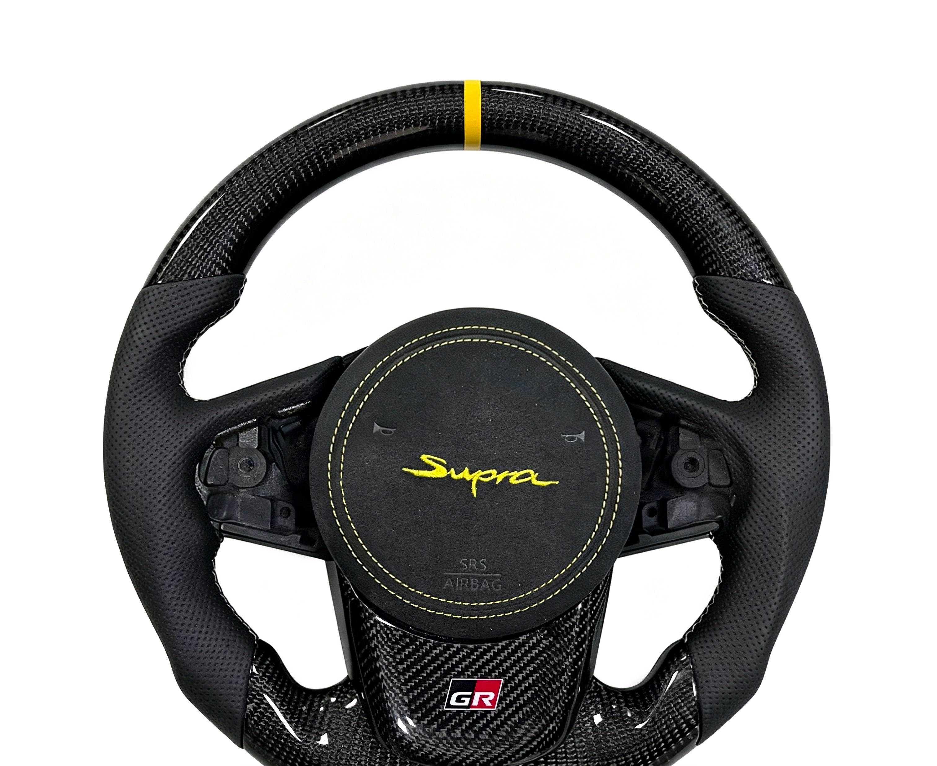 Toyota GR Supra Carbon Fibre & Perforated Leather Steering Wheel (Design 08) on a clean white background