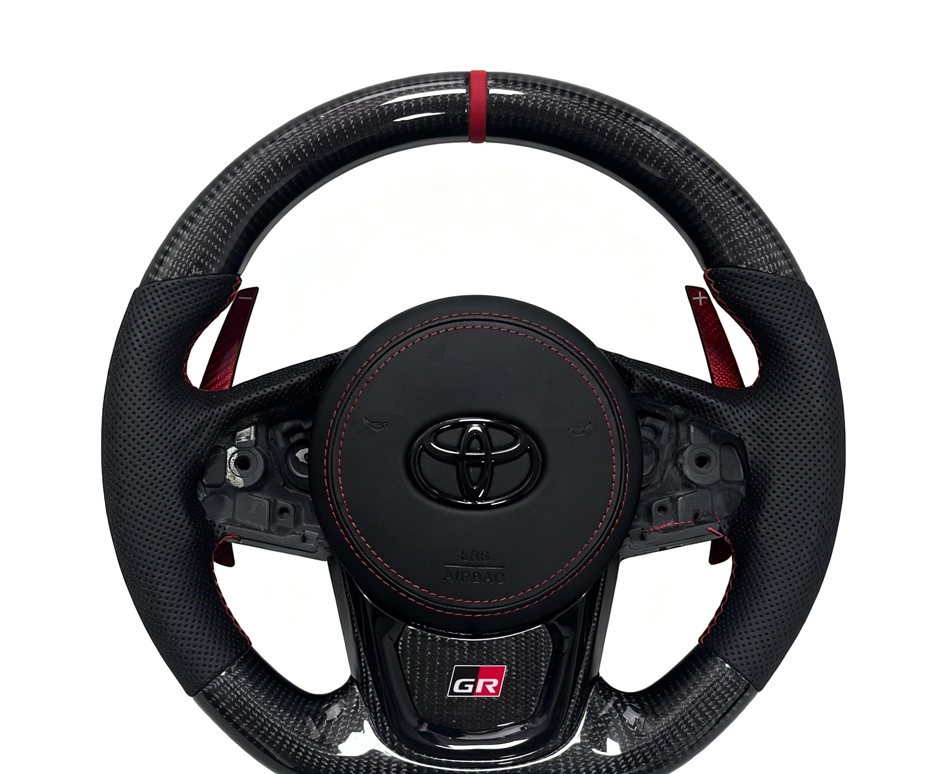 Toyota GR Supra Carbon Fibre & Perforated Leather Steering Wheel (Design 05) on a clean white background