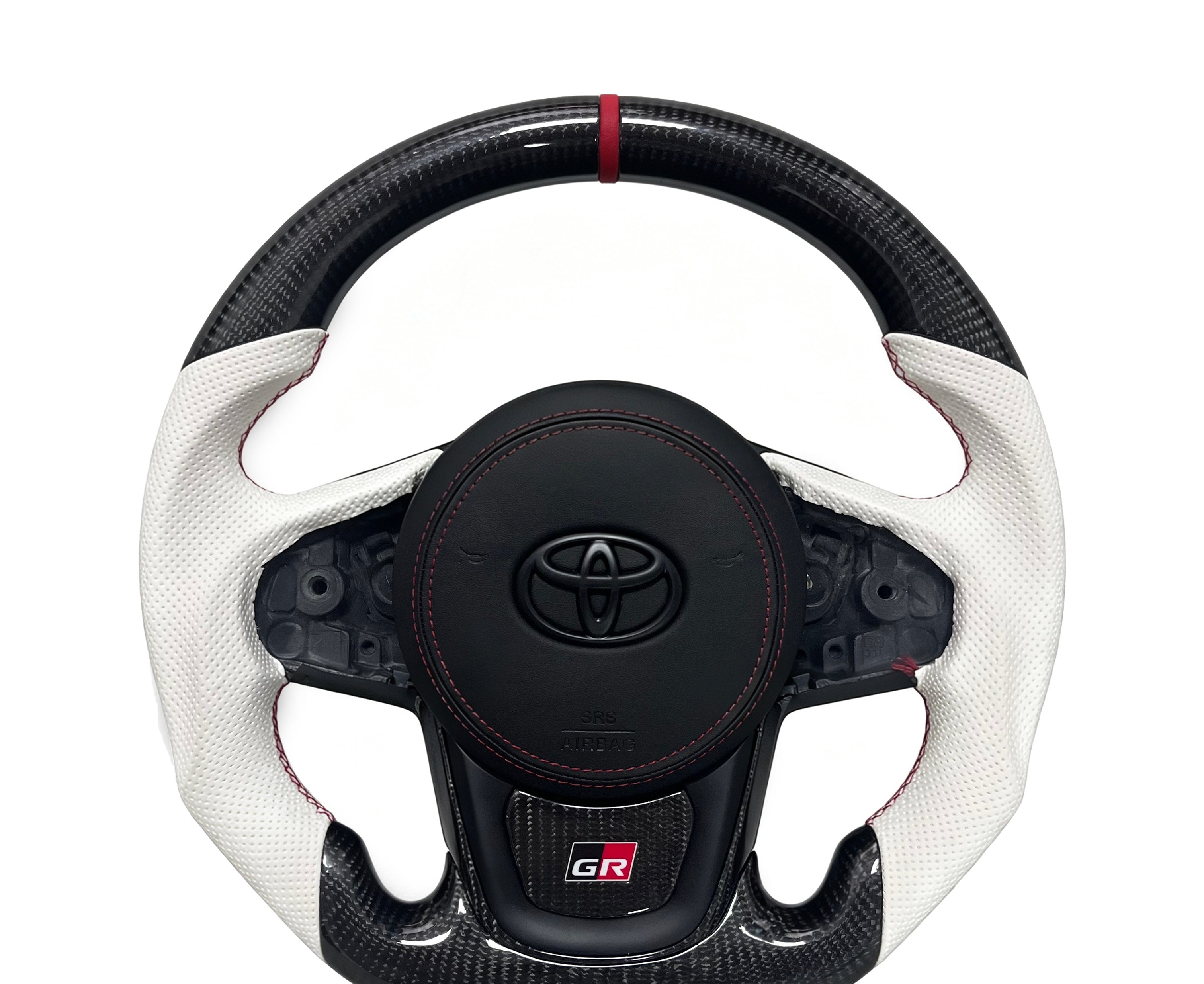 Toyota GR Supra Carbon Fibre & Perforated Leather Steering Wheel (Design 04) on a clean white background