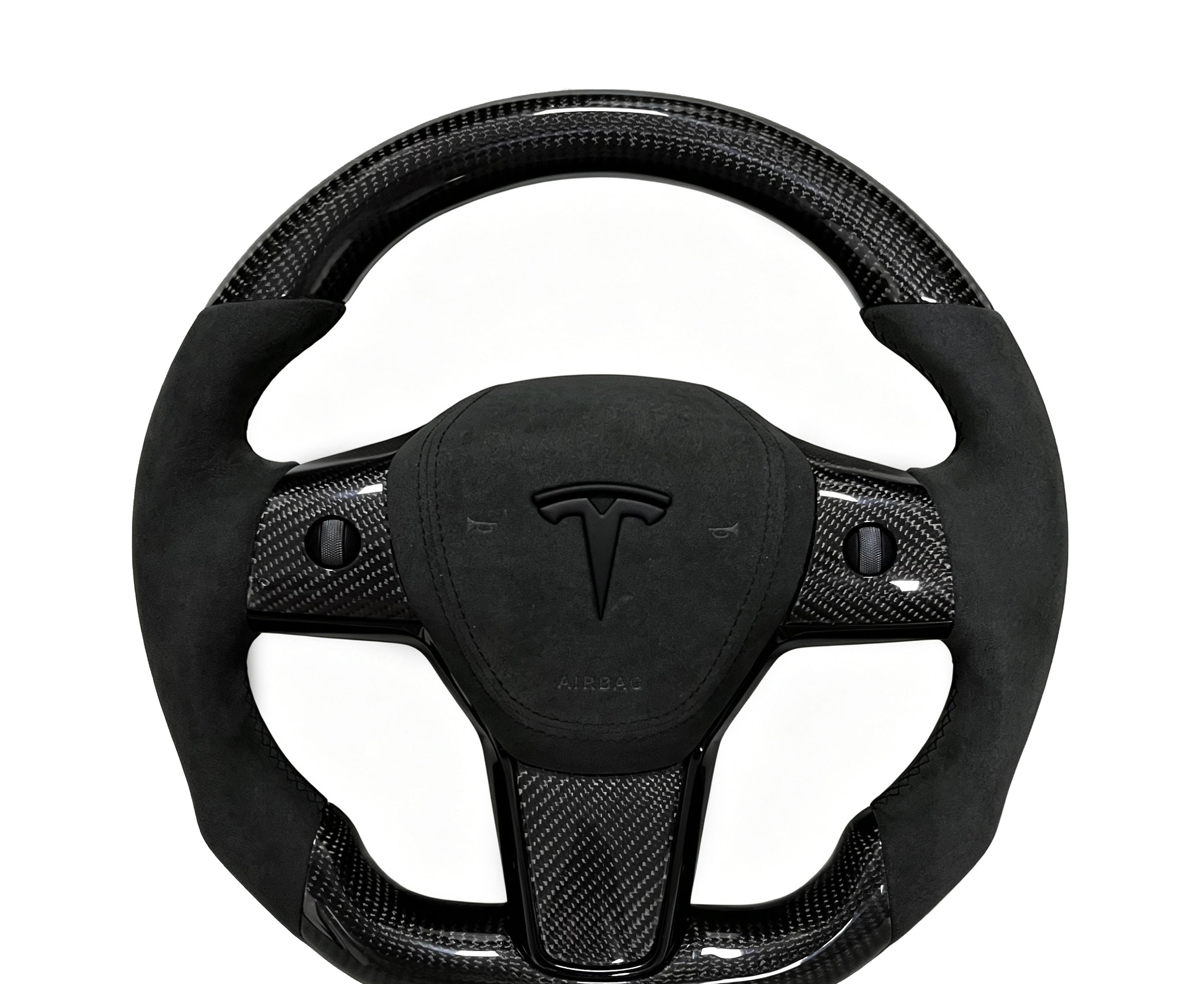 Tesla Carbon Fibre & Alcantara Steering Wheel (Design 08) on a clean white background