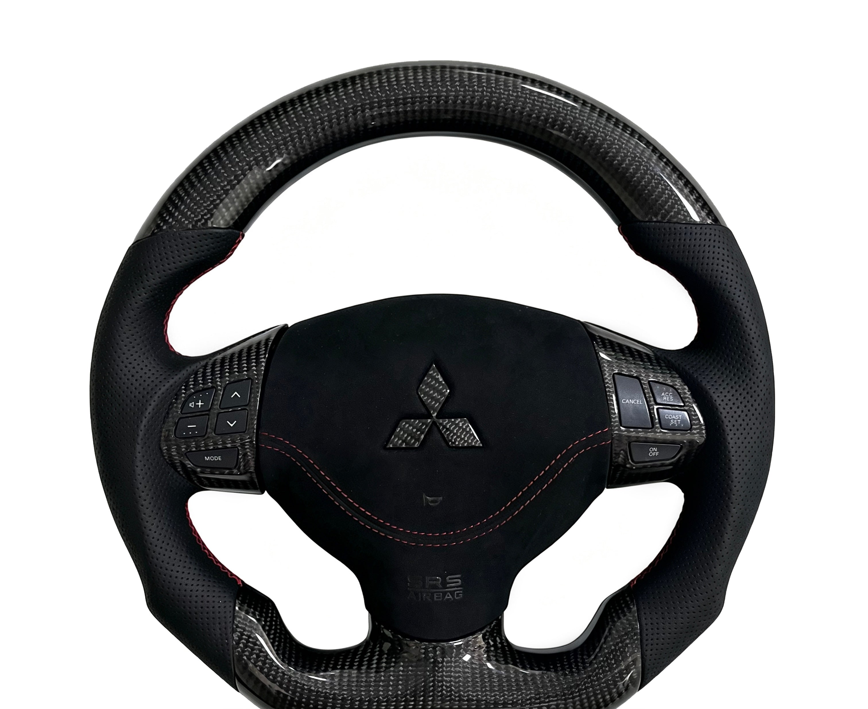 Mitsubishi Carbon Fibre & Perforated Leather Steering Wheel on a clean white background