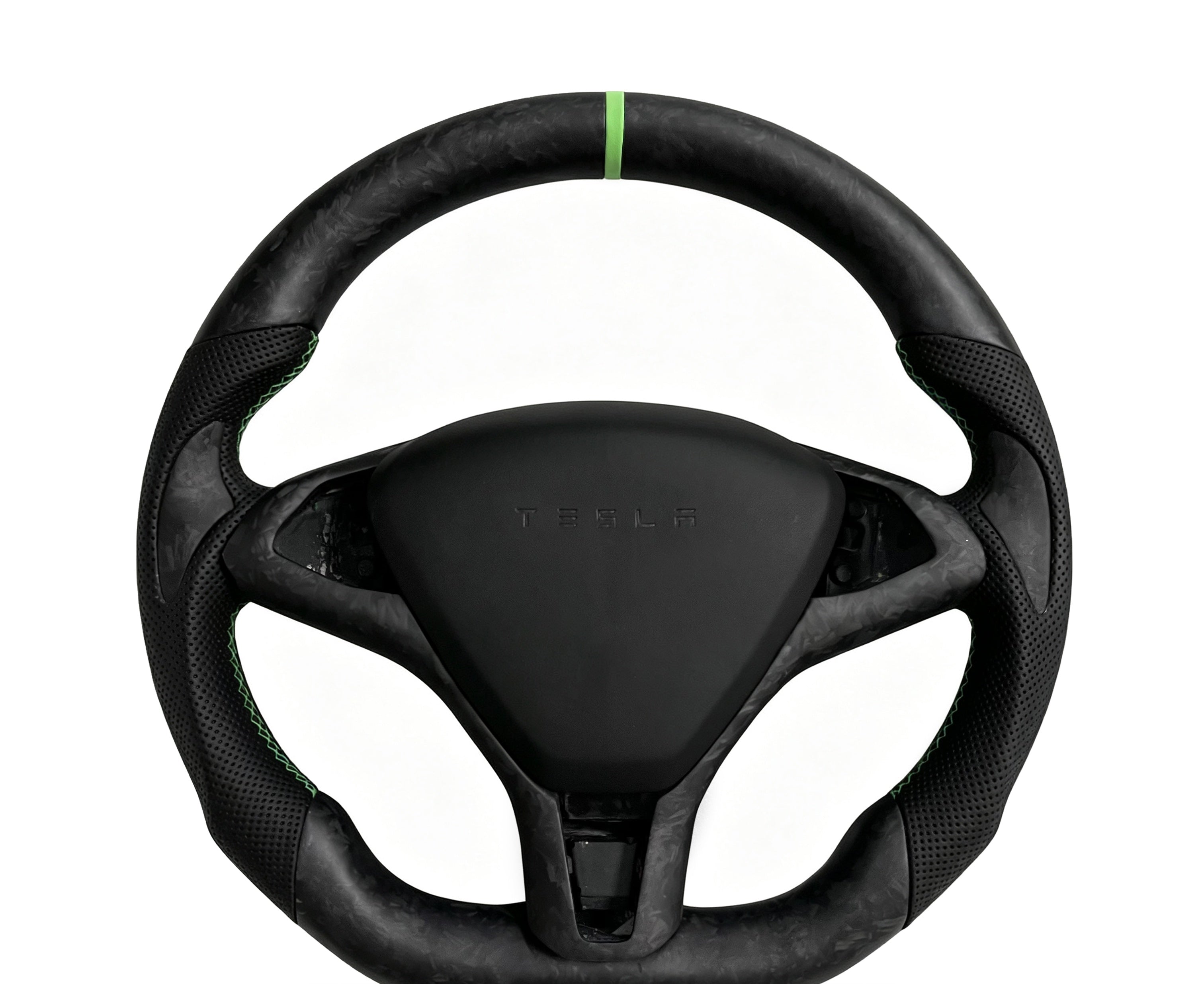 Tesla Forged Matte Carbon Fibre & Perforated Leather Steering Wheel (Design 09) on a clean white background