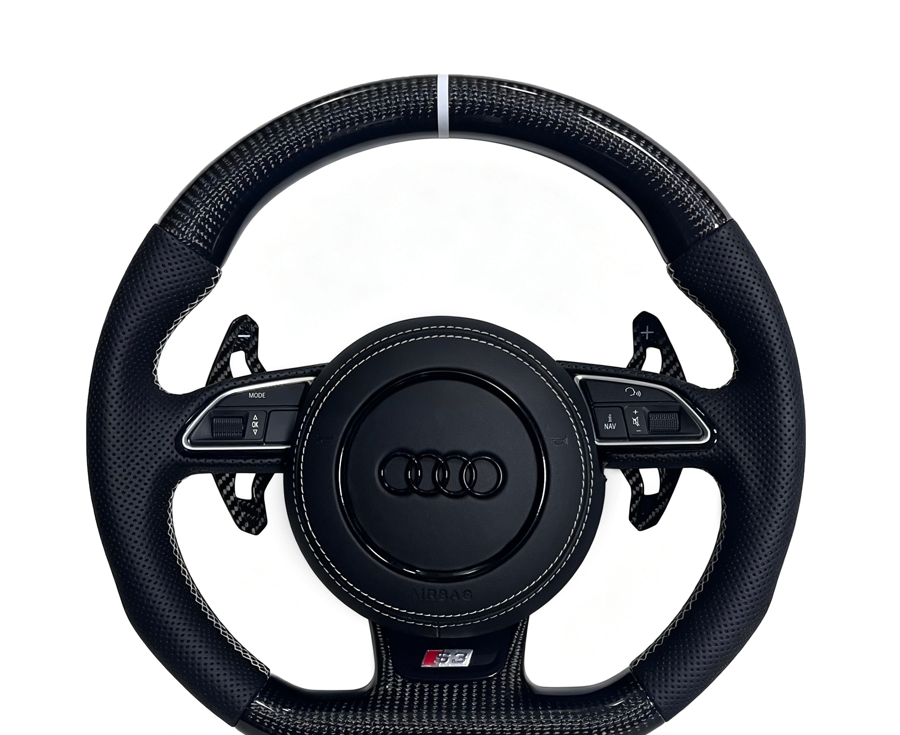 Audi Carbon Fibre & Perforated Leather Steering Wheel on a clean white background