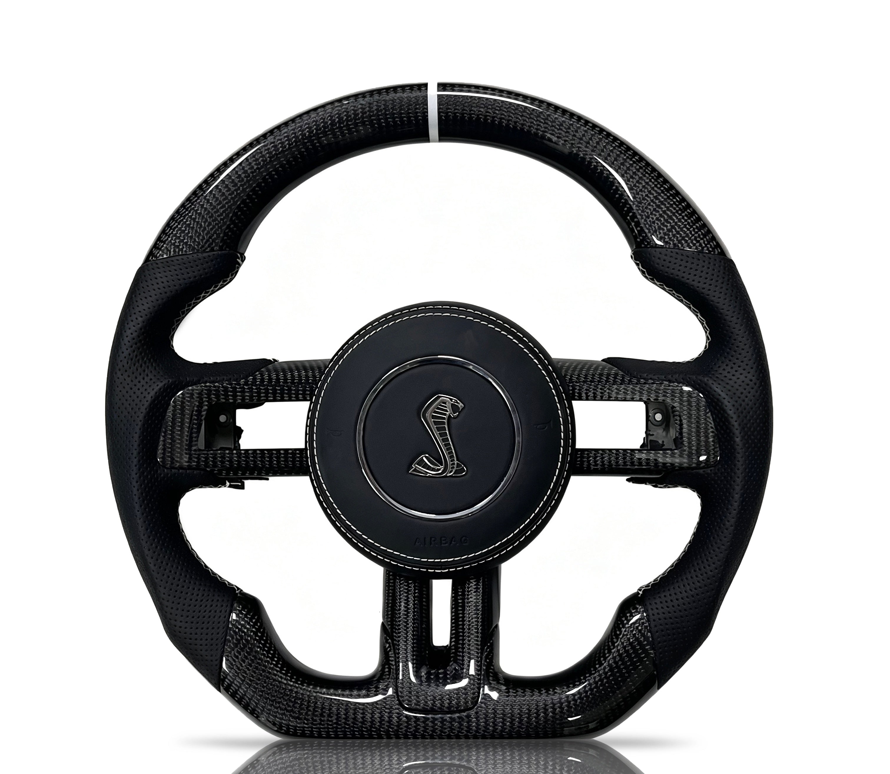 Ford Mustang Carbon Fibre & Perforated Leather Steering Wheel (Design 3) II on a clean white background