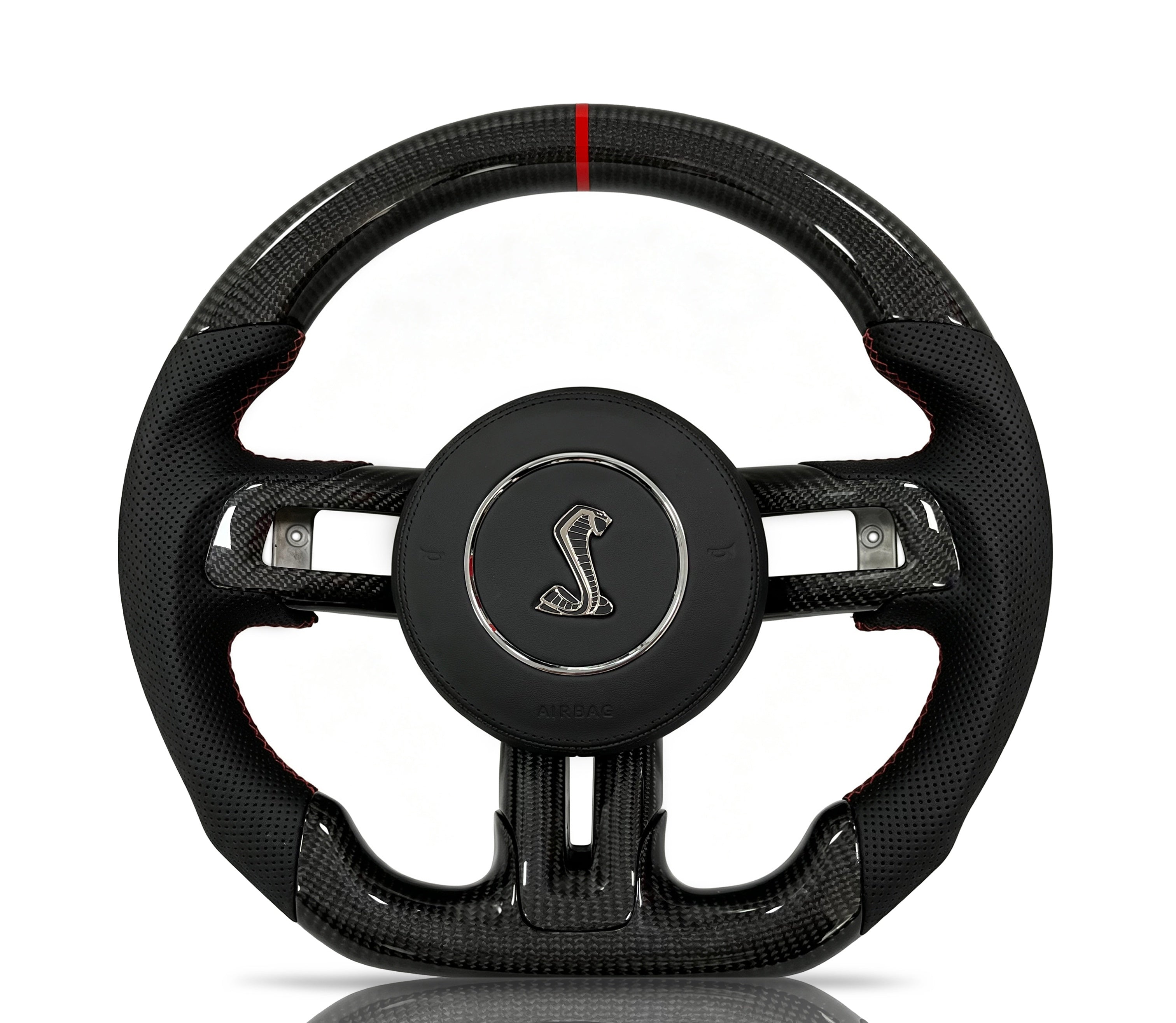 Ford Mustang Carbon Fibre & Perforated Leather Steering Wheel (Design 4) on a clean white background