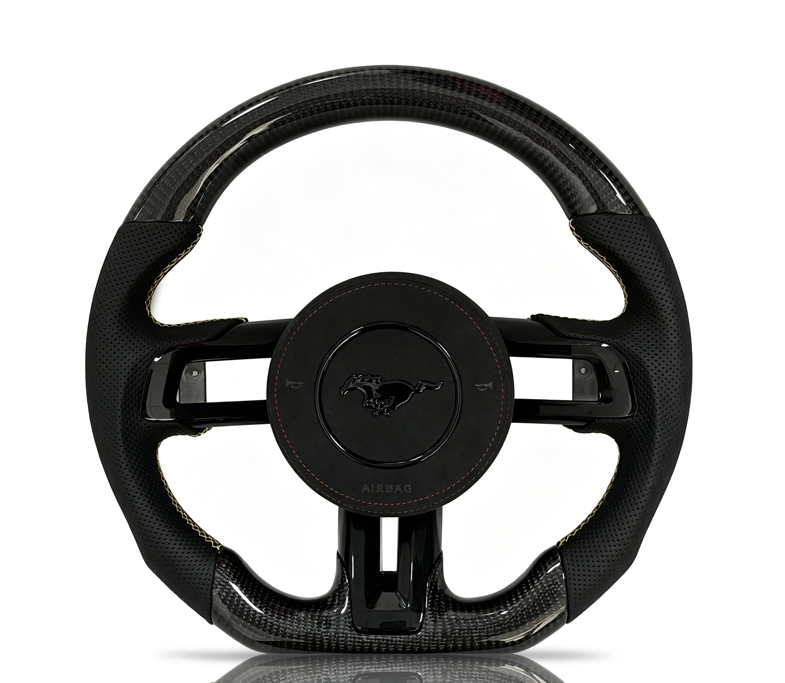 Ford Mustang Carbon Fibre & Perforated Leather Steering Wheel (Design 7) on a clean white background
