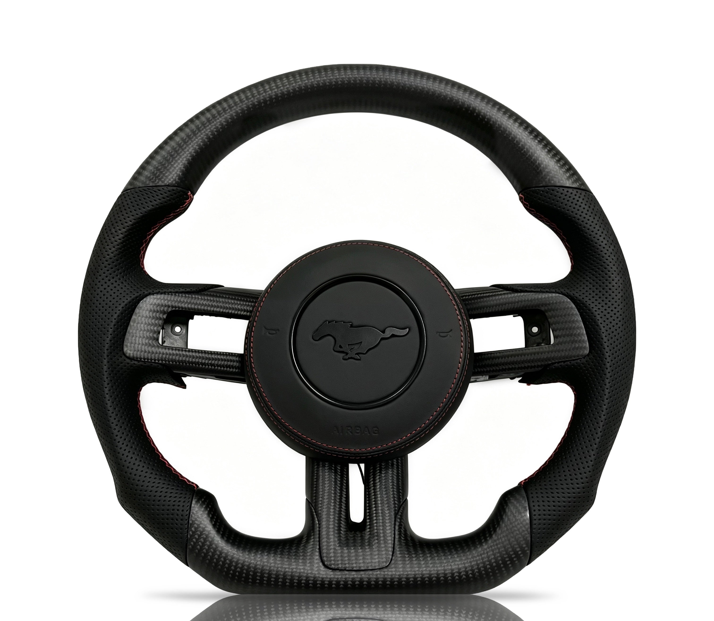 Ford Mustang Matte Carbon Fibre & Perforated Leather Steering Wheel (Design 8) on a clean white background