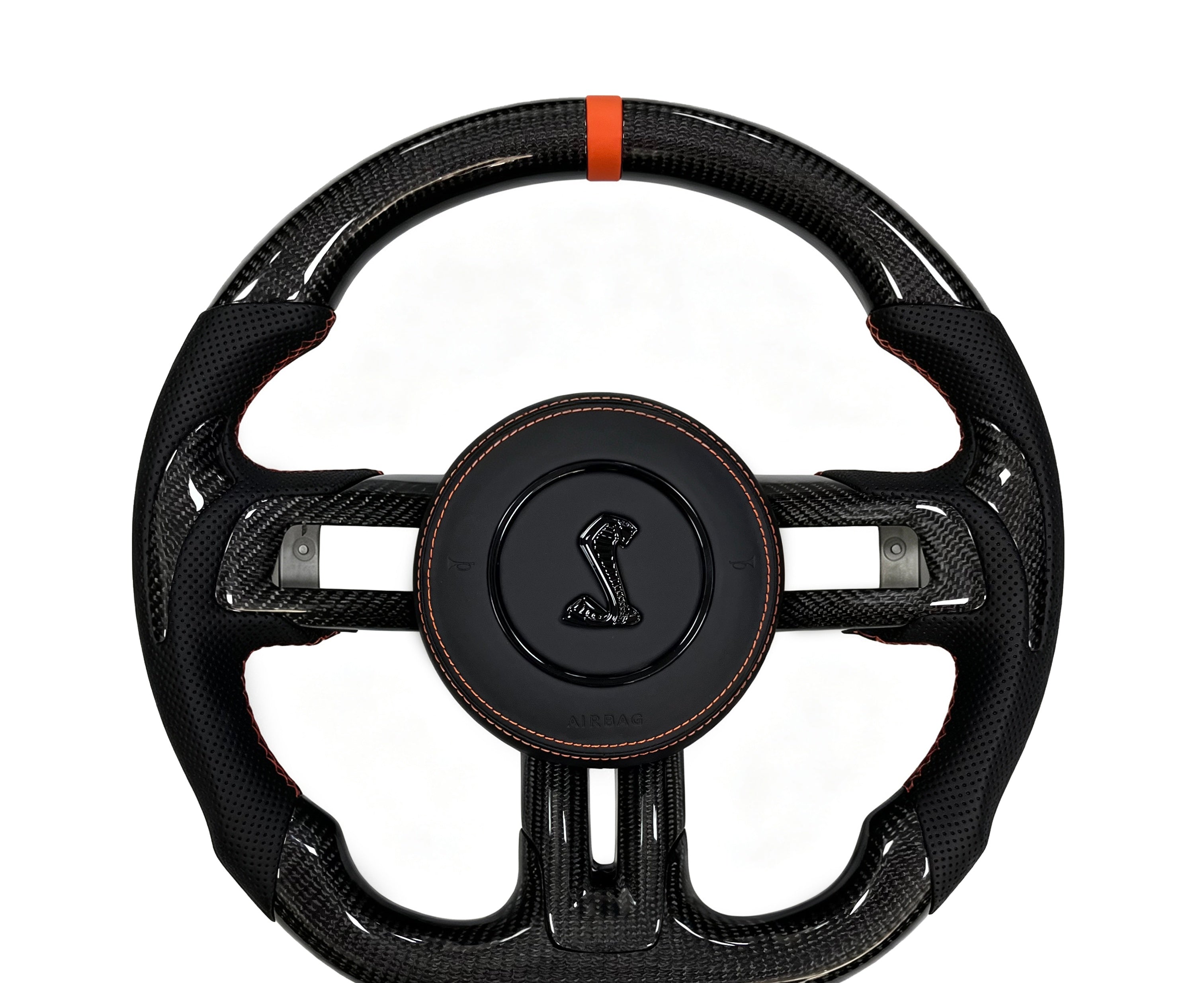 Ford Mustang Carbon Fibre & Perforated Leather Steering Wheel (Design 9) on a clean white background