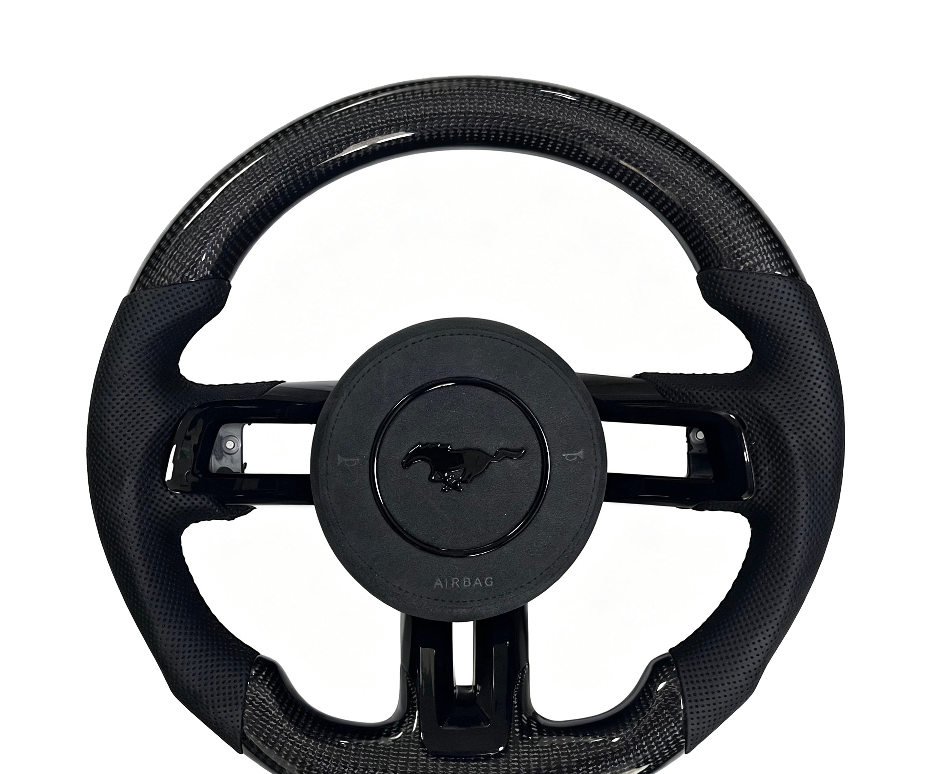 Ford Mustang Carbon Fibre & Perforated Leather Steering Wheel (Design 11) on a clean white background