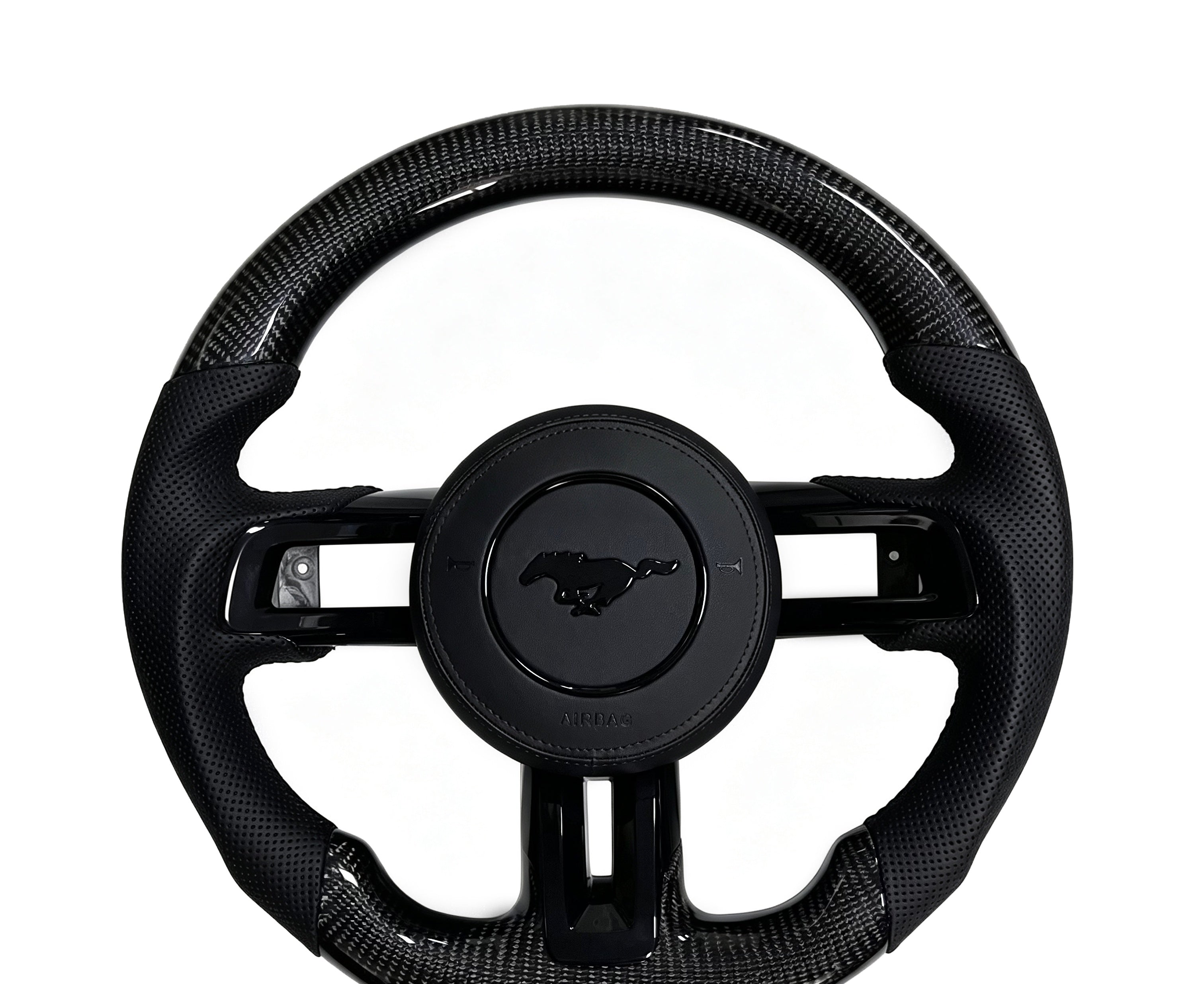 Ford Mustang Carbon Fibre & Perforated Leather Steering Wheel (Design 17) on a clean white background