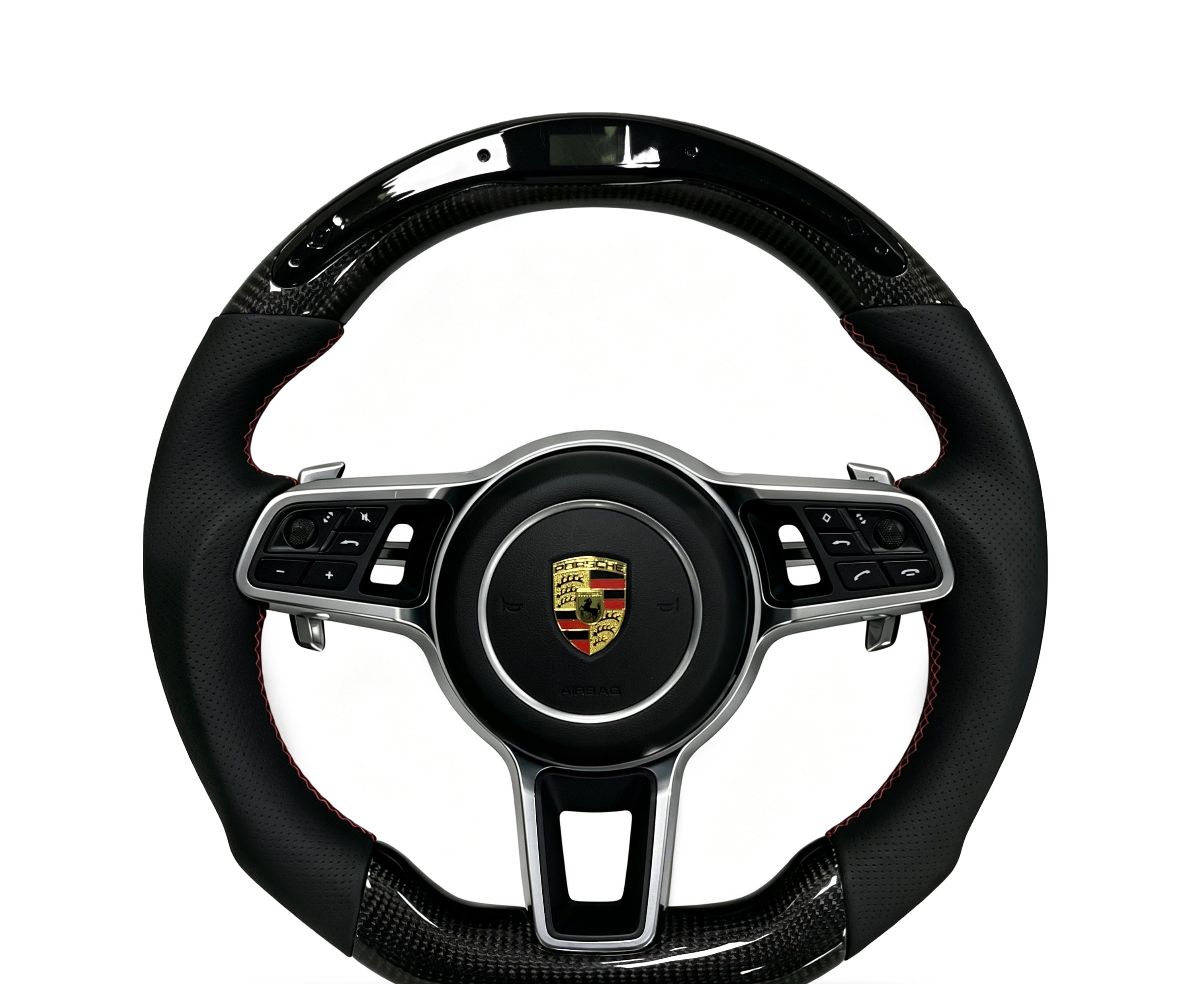 Porsche Carbon Fibre & Perforated Leather Steering Wheel (Design 4) on a clean white background