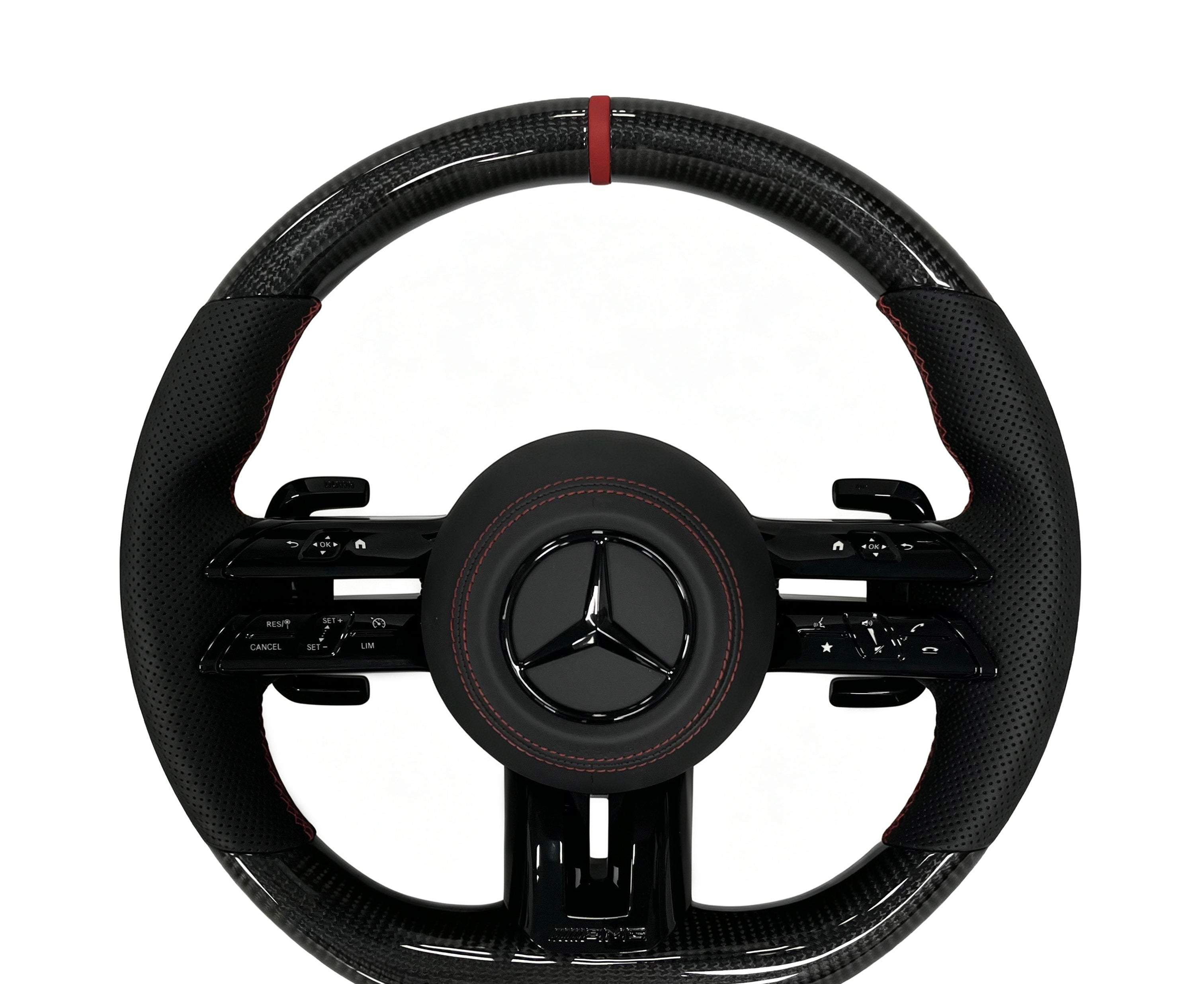 Mercedes-Benz Carbon Fibre & Perforated Leather Steering Wheel (Design 15) on a clean white background