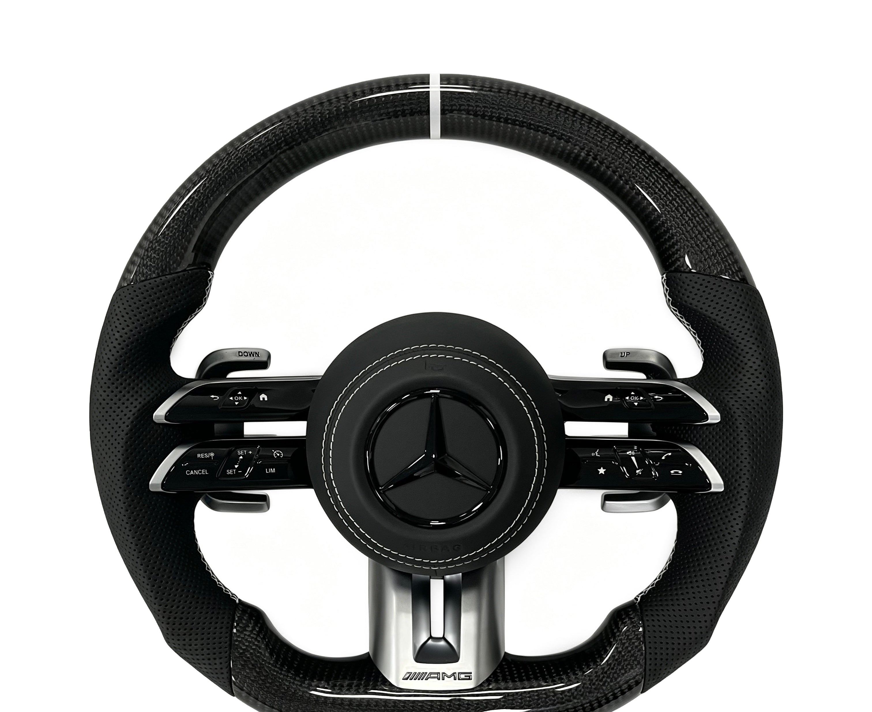 Mercedes-Benz Carbon Fibre & Perforated Leather Steering Wheel (Design 18) on a clean white background