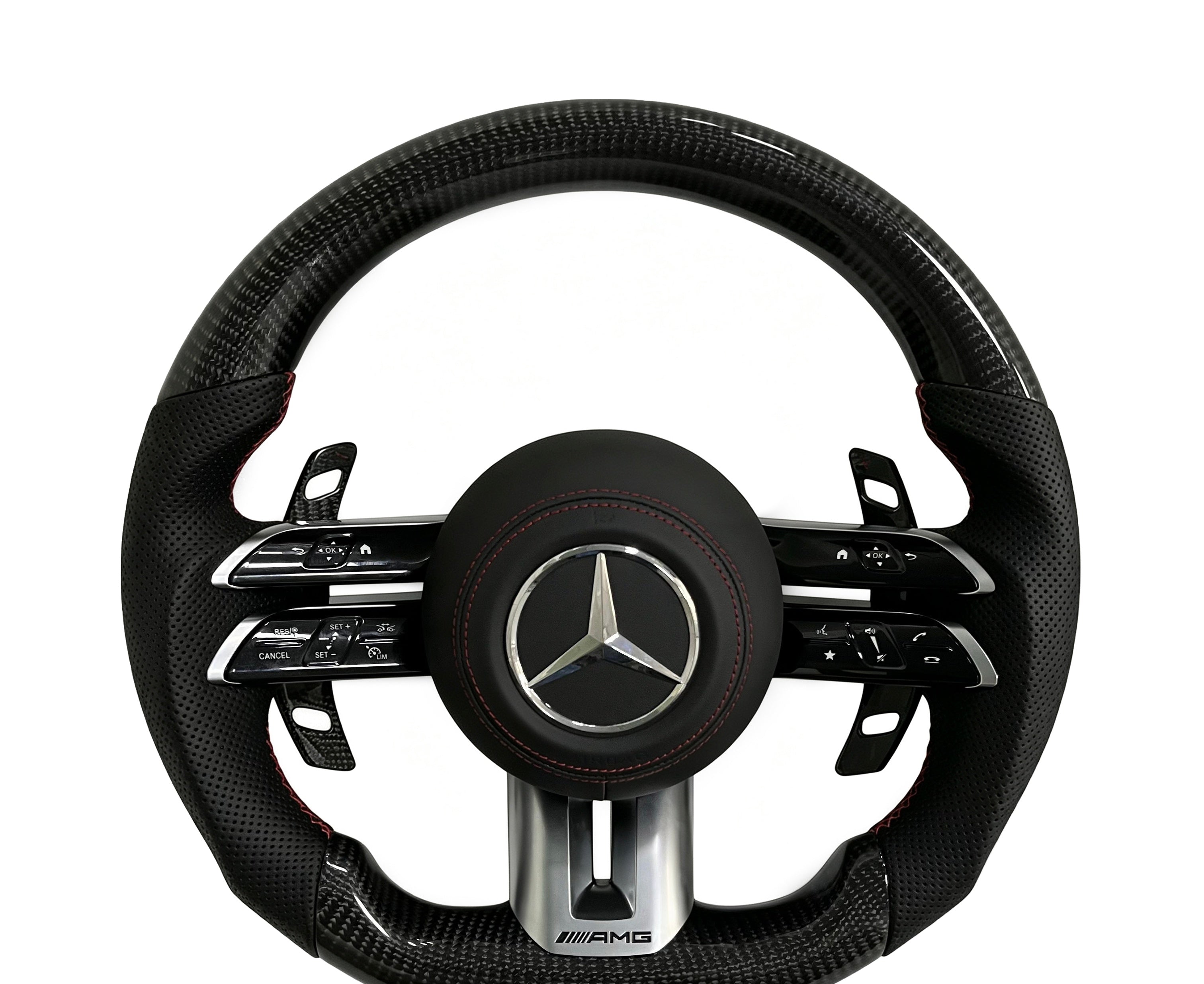 Mercedes-Benz Carbon Fibre & Perforated Leather Steering Wheel (Design 30) on a clean white background