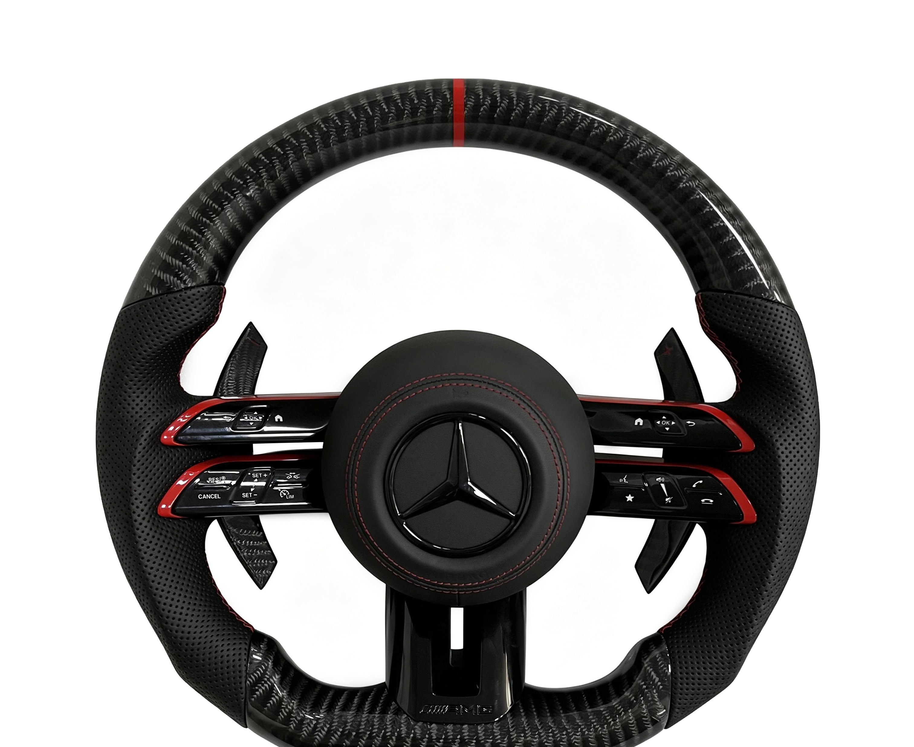 Mercedes-Benz Carbon Fibre & Perforated Leather Steering Wheel (Design 31) on a clean white background